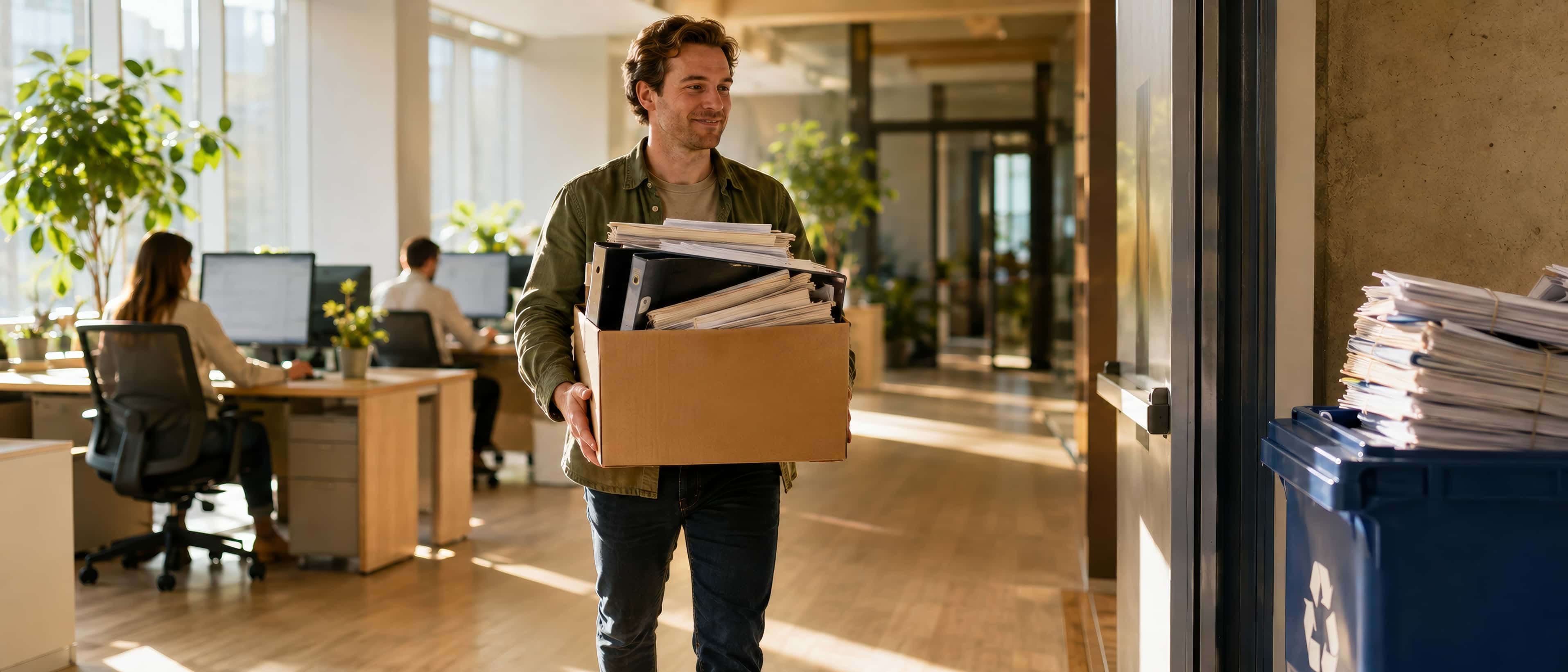 A smiling employee carries a box of old paper forms out of a modern paper-free office, a full recycling cart at the frame's edge.