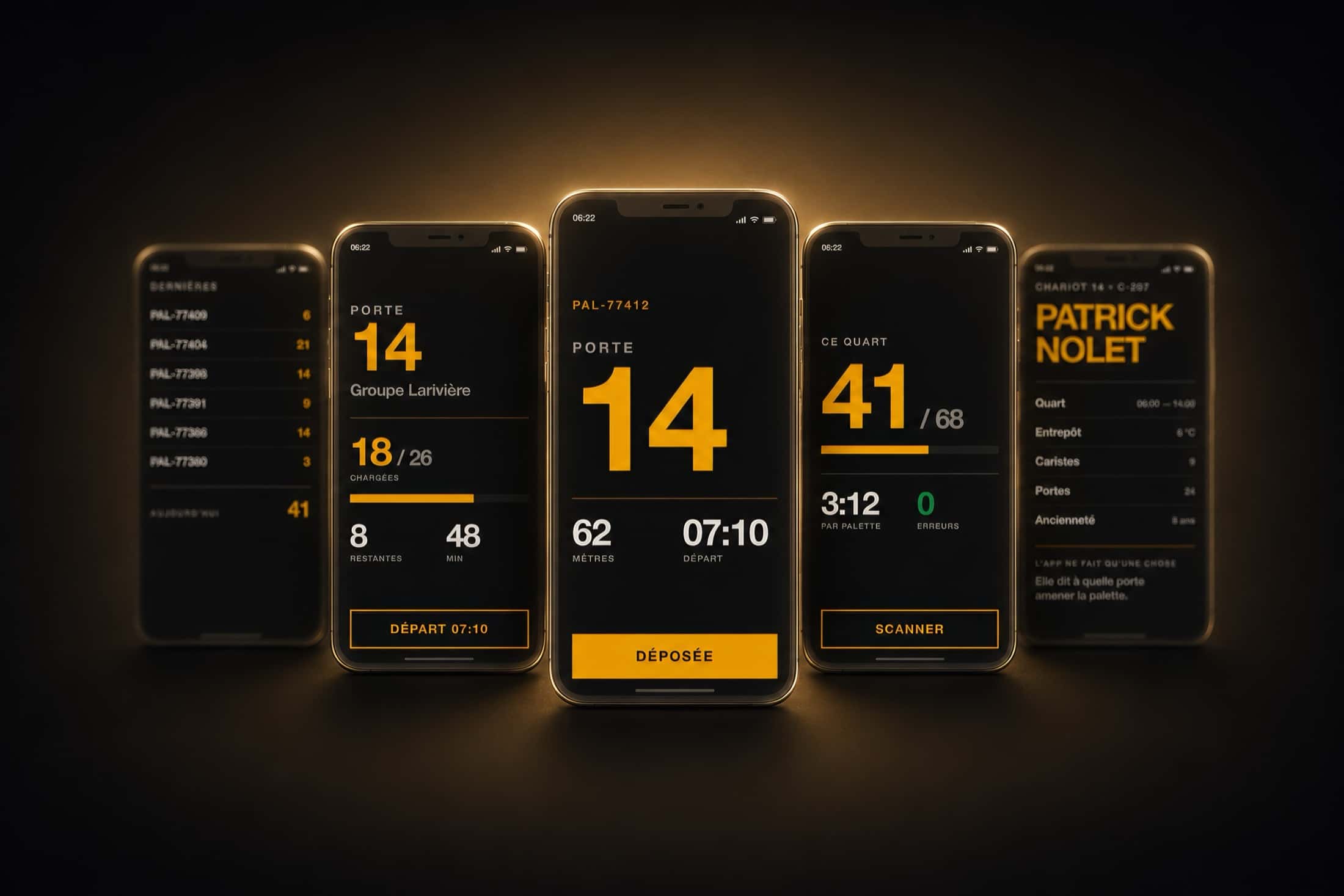 Five Quai screens in amber on black: the pallet history, a dock's loading progress, the dock number at full height, the shift counter and the driver's profile.