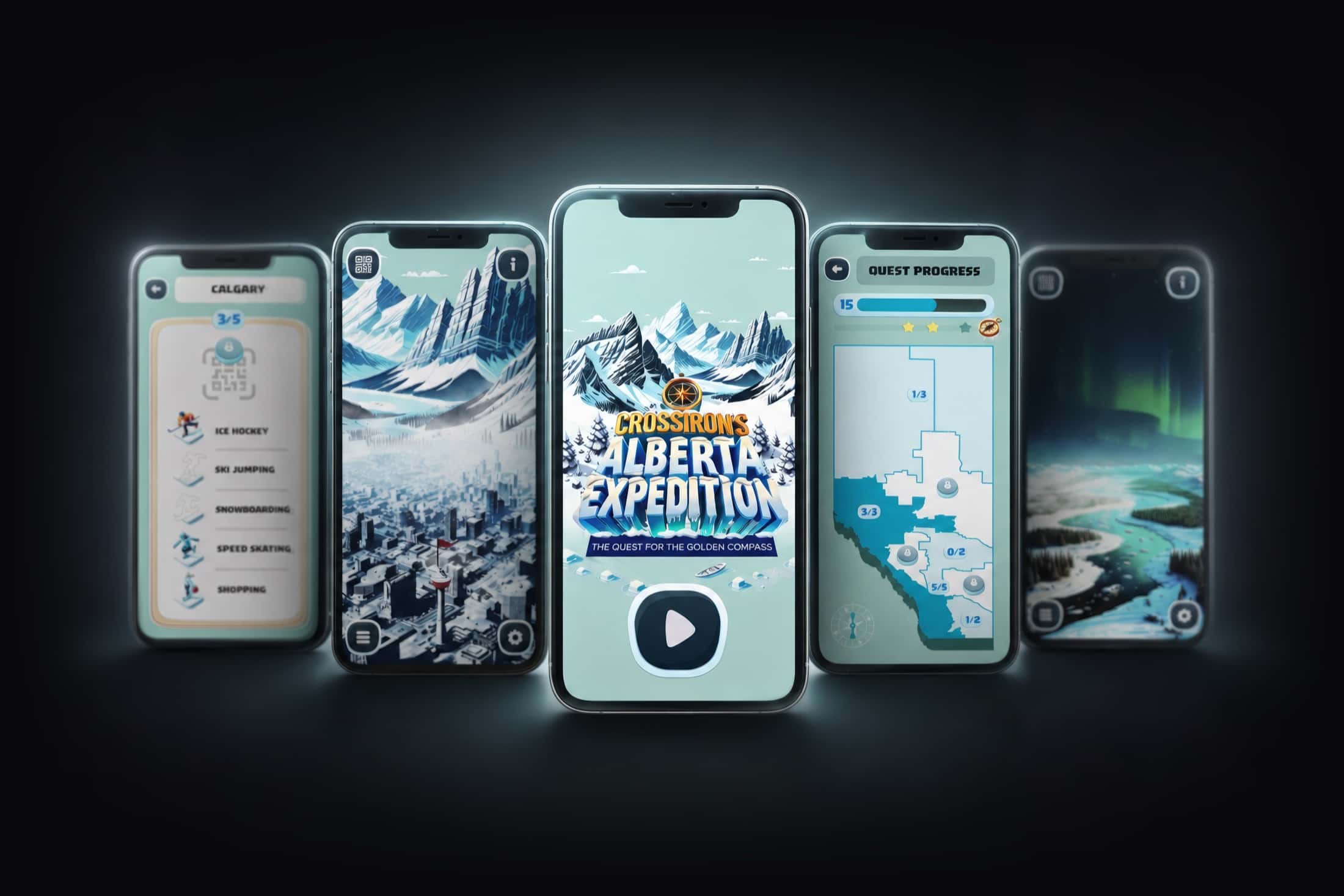 Five expedition screens: the Calgary discipline list, an urban panorama, the golden-compass title screen, the Alberta progress map and a northern-lights landscape.