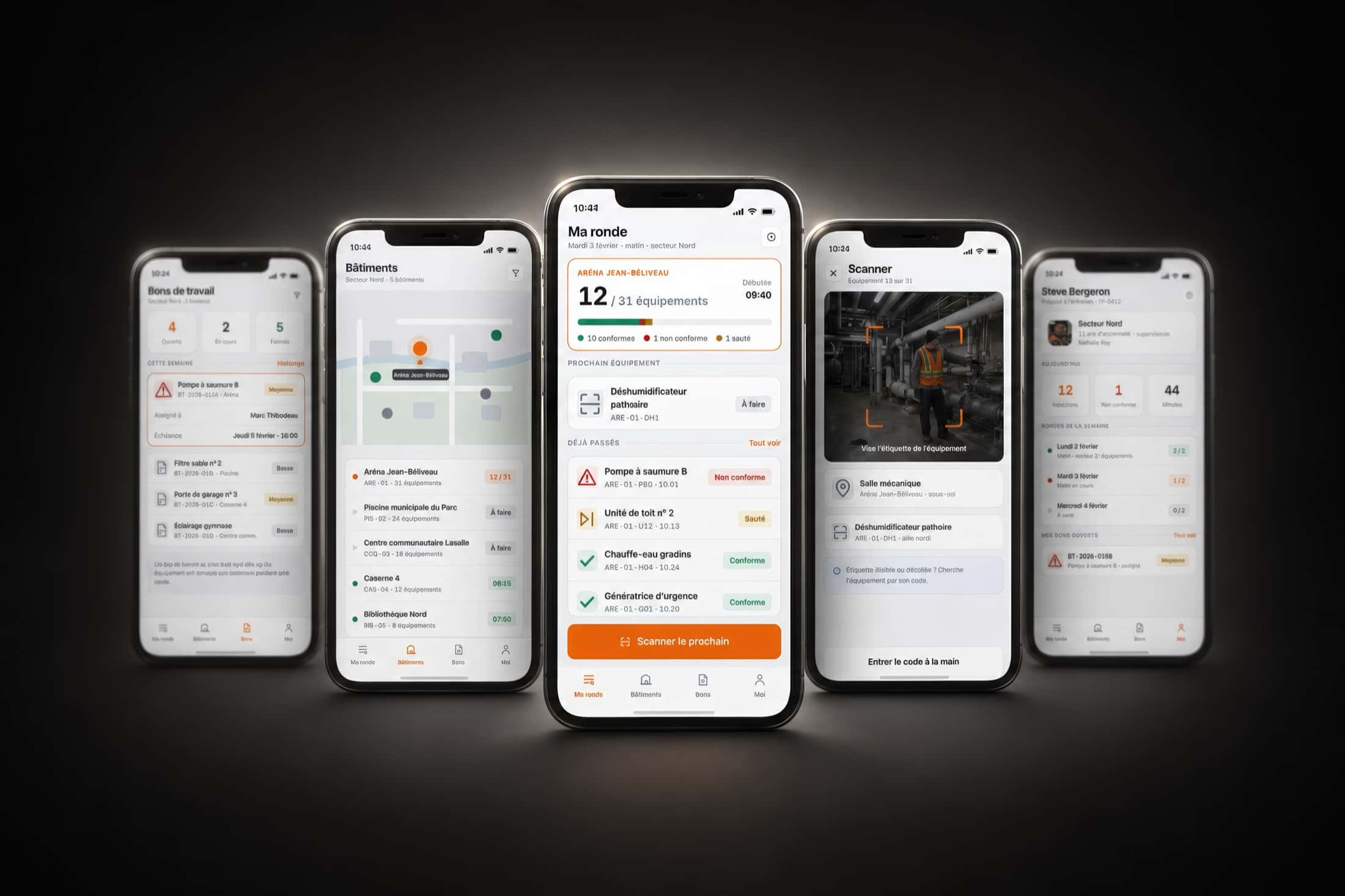 Five Relève screens: the work-order list, the map of the sector's buildings, the round in progress with its counter, the tag scanner and the attendant's profile.