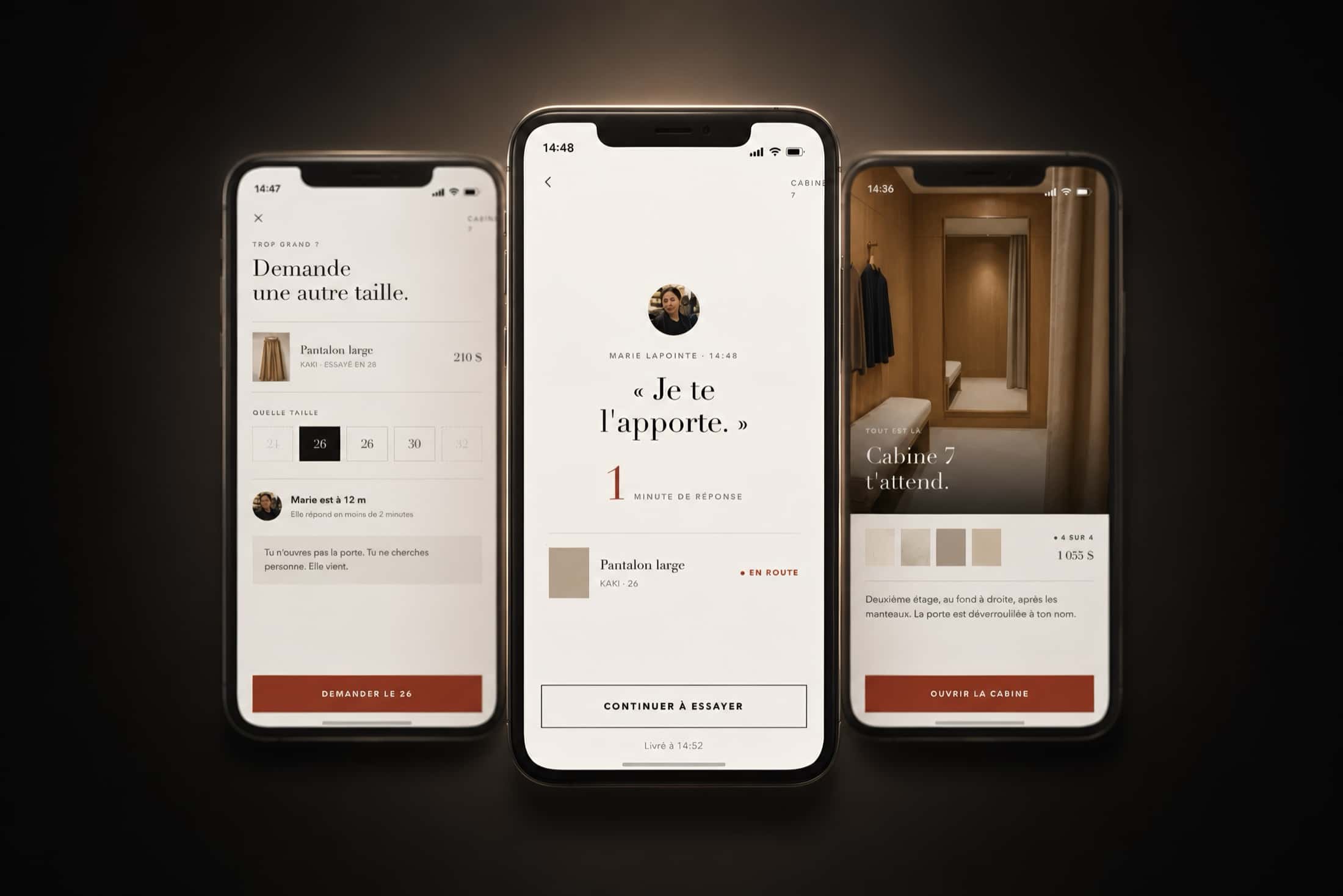 Three screens of the central gesture: asking for another size from inside the room, the advisor's reply within a minute, and the room ready upstairs.