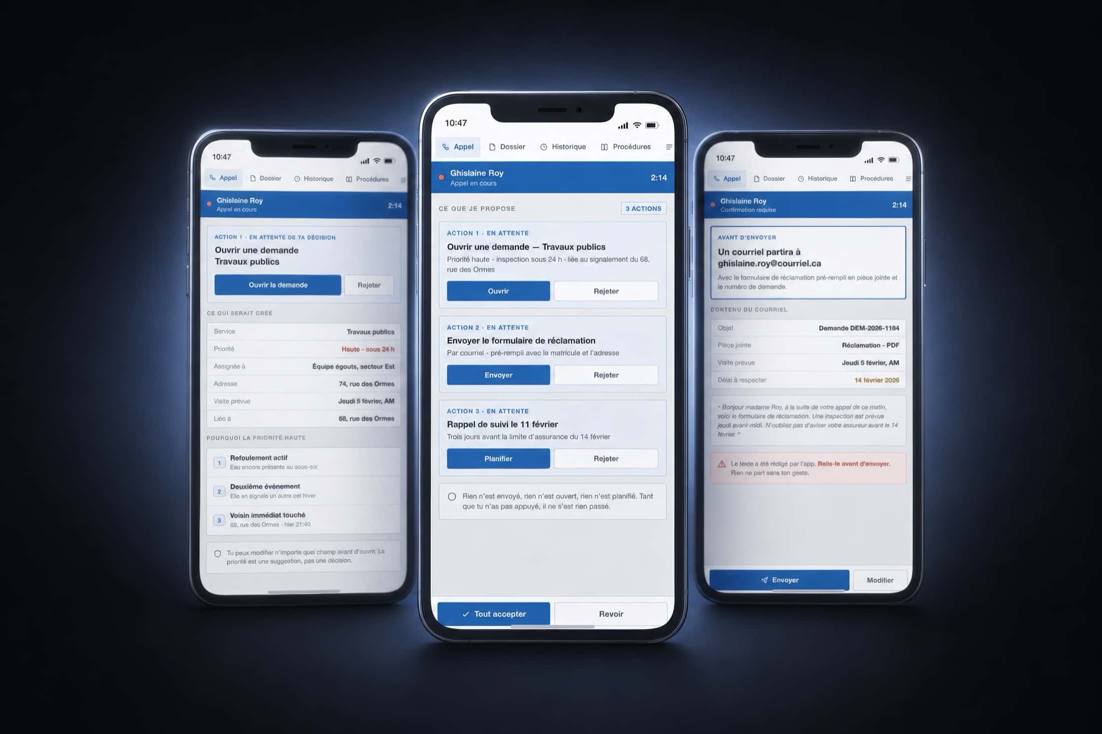 Three screens of the central gesture: the detail of a request about to be opened, the three proposed actions with their reject buttons, and the email preview before sending.