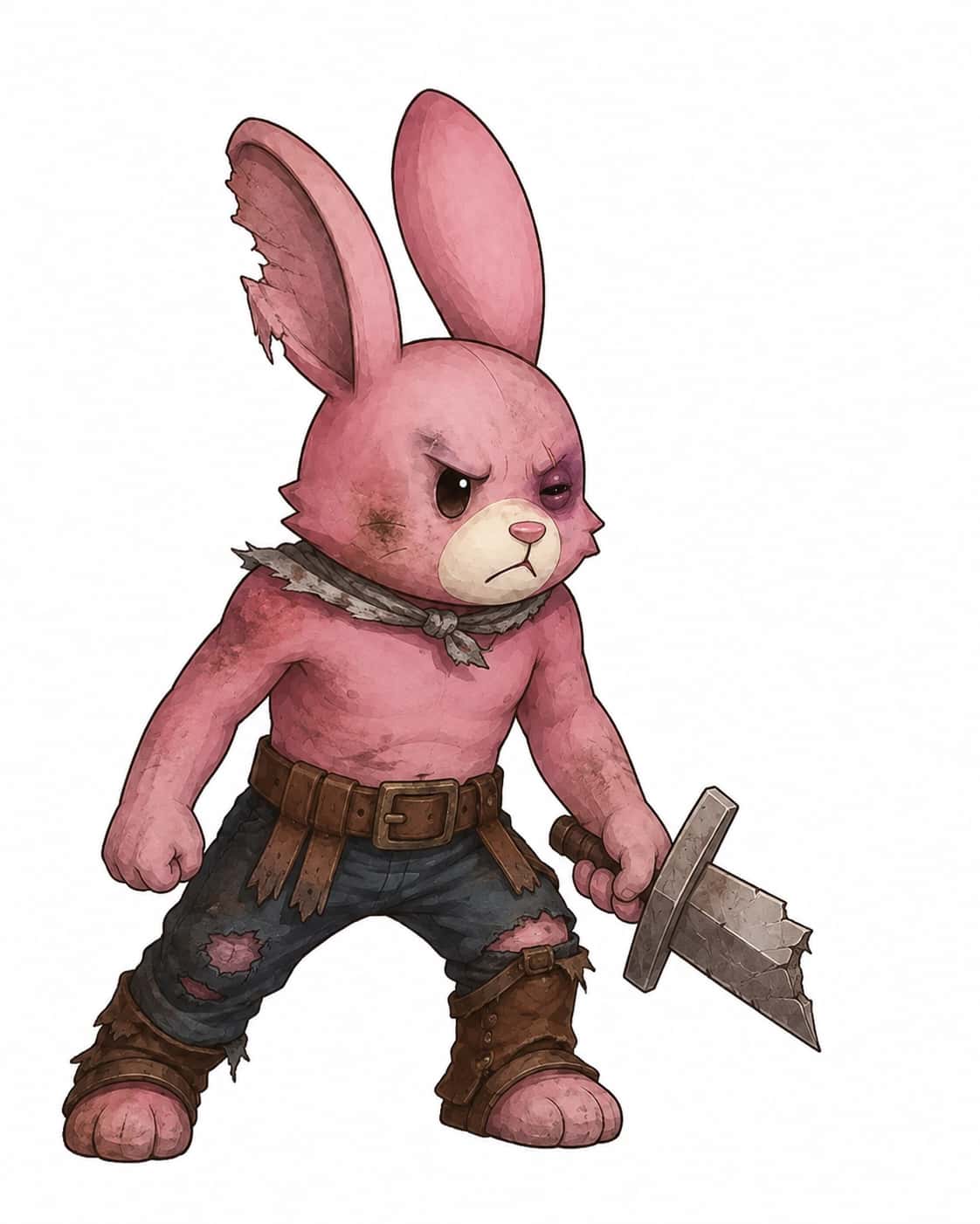 The father: half the armour missing, snapped blade, notched ear, scar on the muzzle.