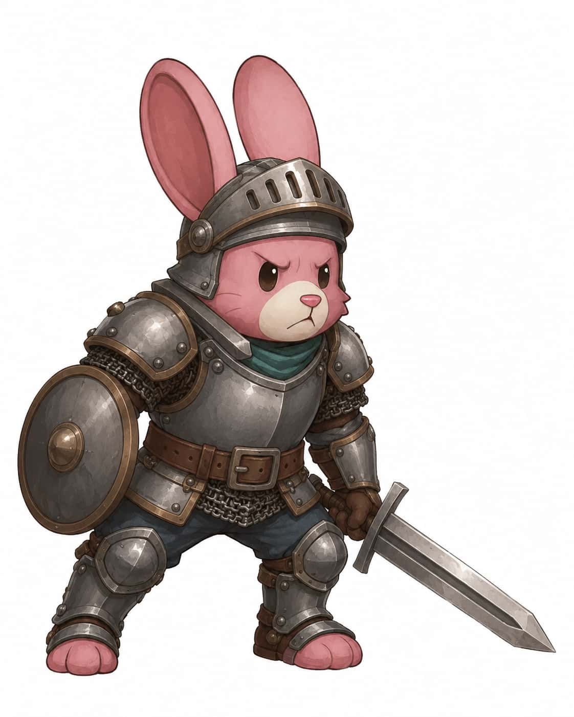 The father in full steel plate, slitted helm, round shield and forged sword.