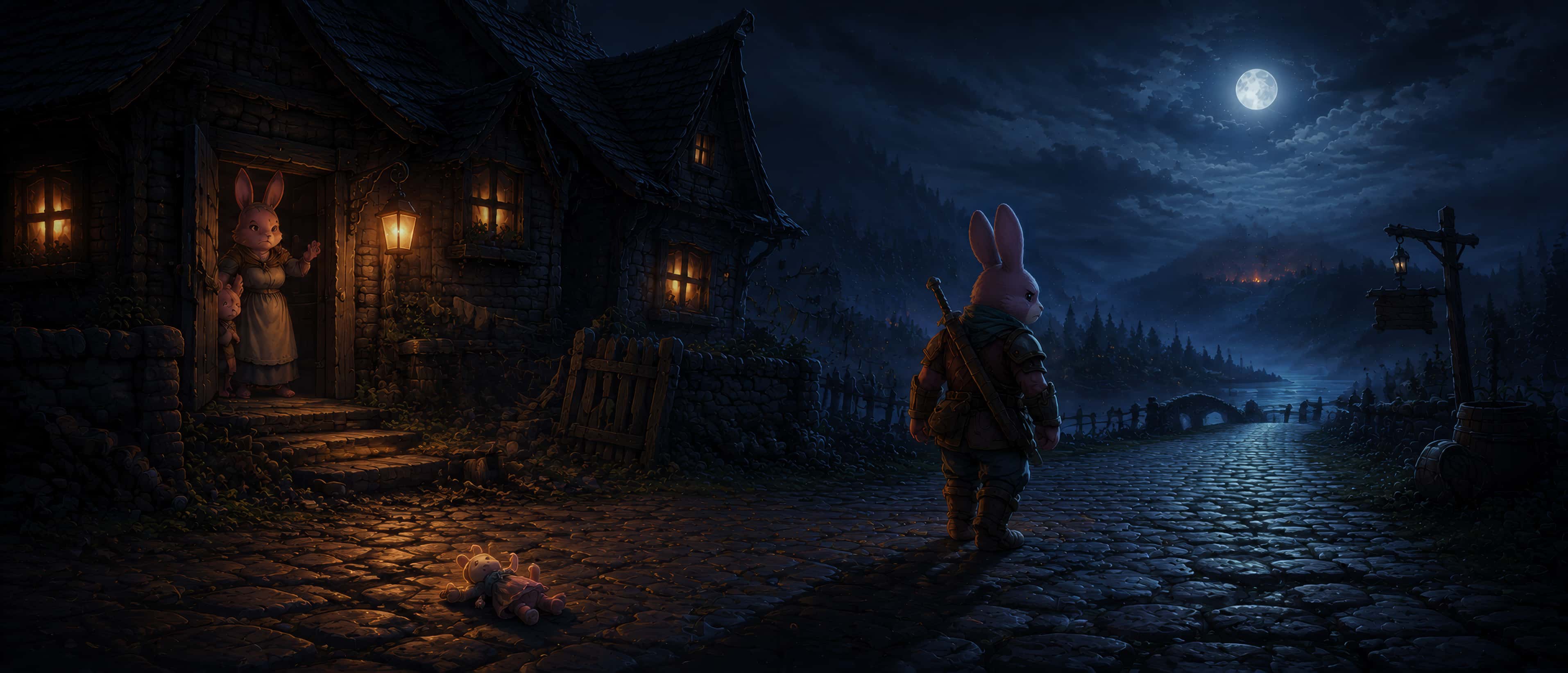 An adult rabbit in leather armour, sword across his back, walking away from a lit house over wet cobblestones under a full moon. His daughter's rag doll lies on the ground behind him.