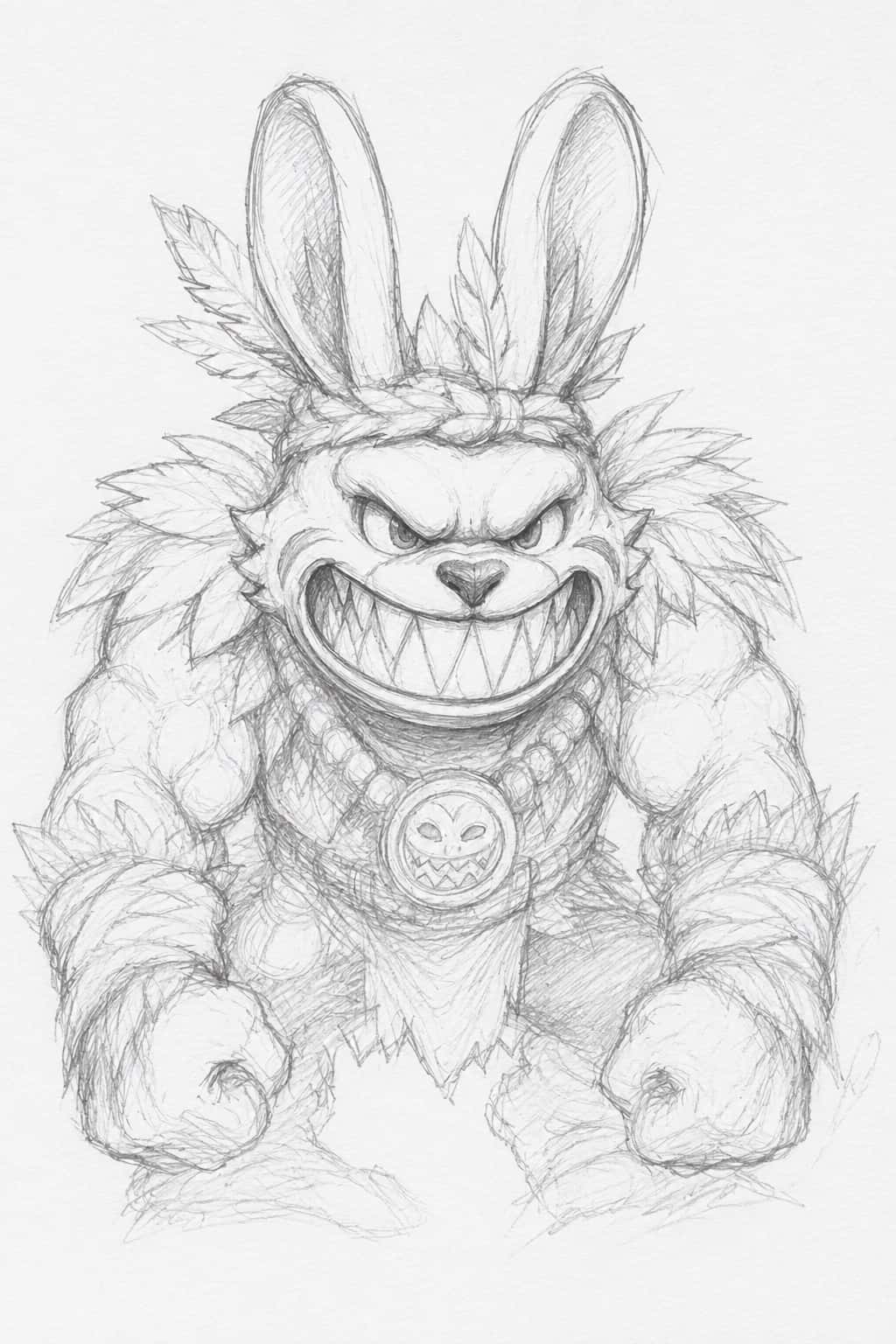 Boss study: massive rabbit facing forward, toothed jaw, collars, skull medallion, oversized fists.