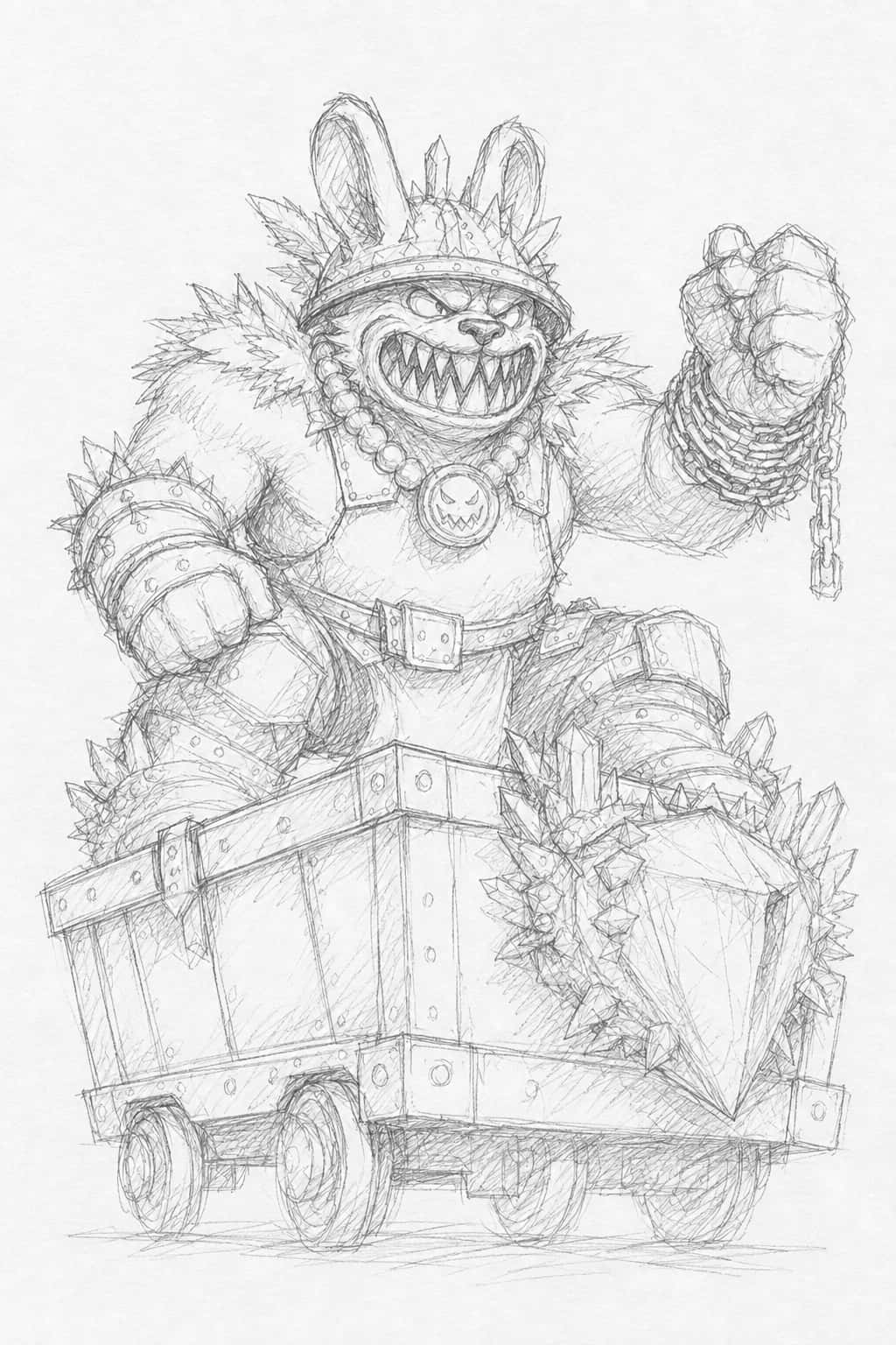 Armoured boss pushing a mine cart loaded with crystals, chain in his fist.