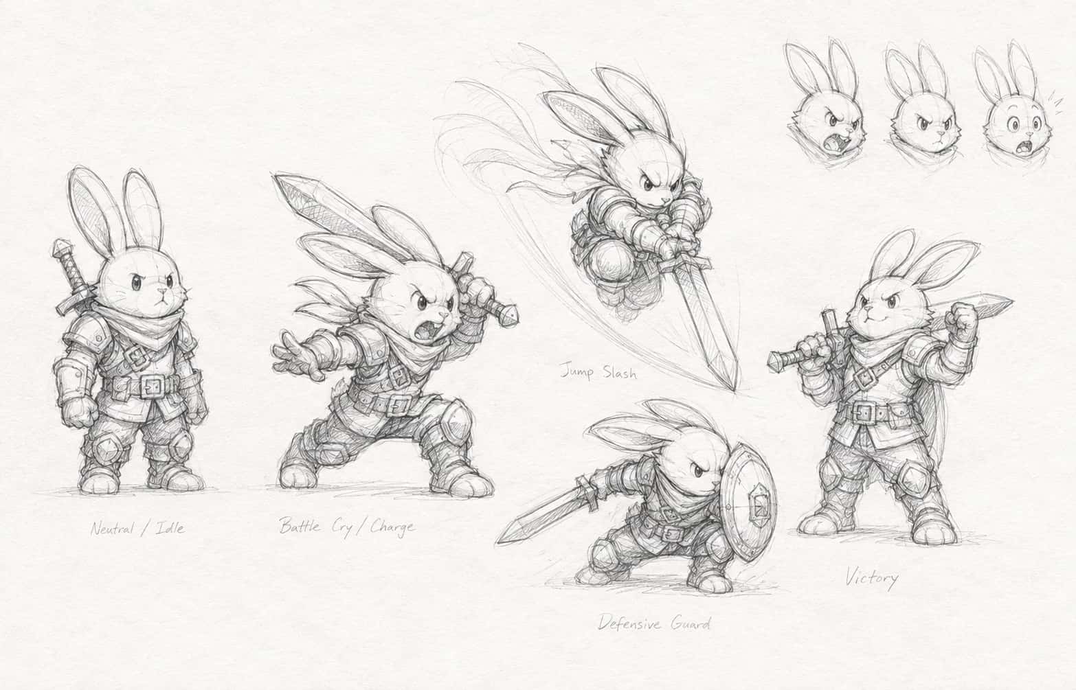 Planche de poses du héros au crayon : neutre, cri de guerre, saut avec attaque, garde défensive, victoire, et trois expressions.