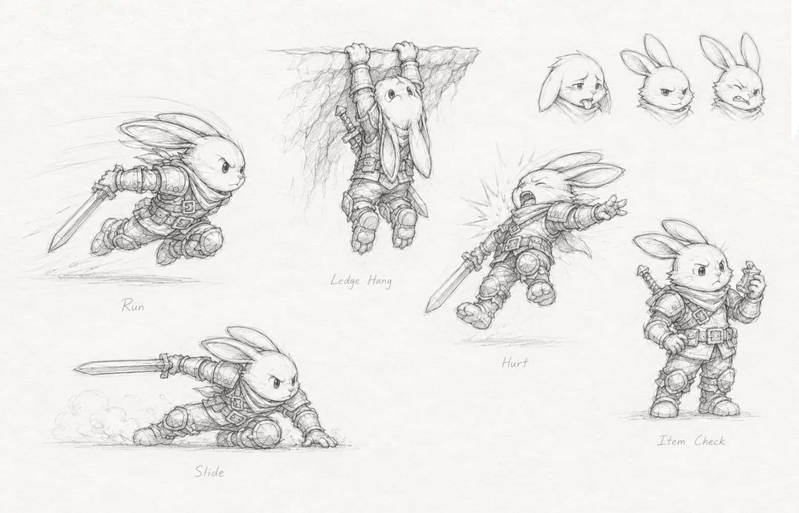 Planche de déplacements du héros au crayon : course, suspension à un rebord, glissade, réaction aux dégâts, vérification d'objet.