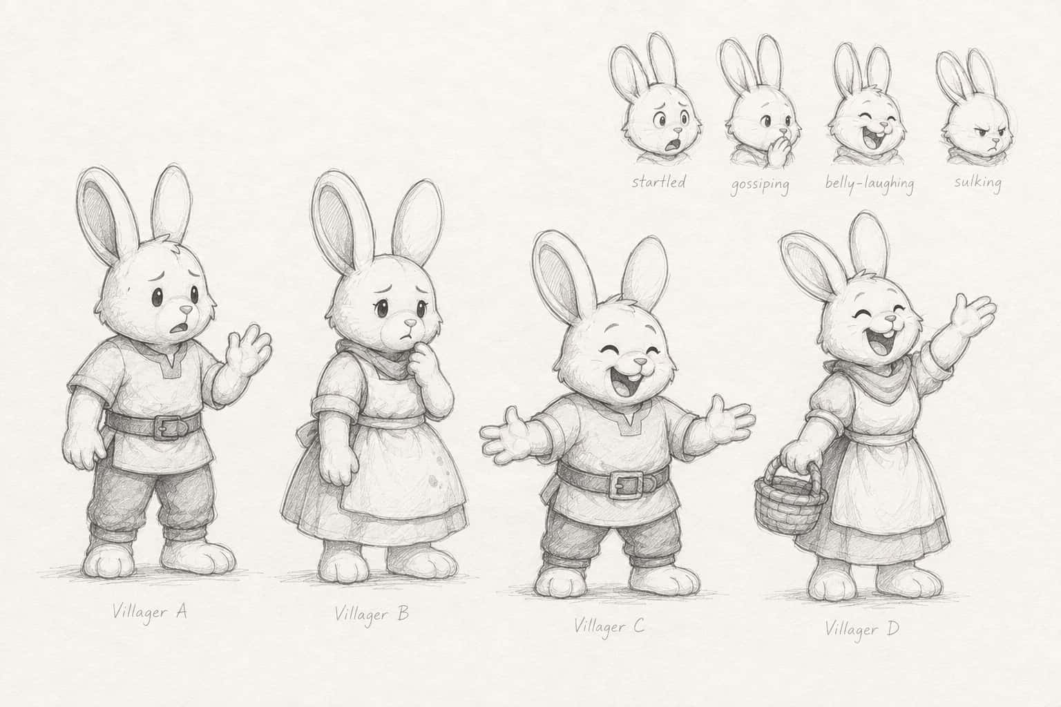 Four rabbit villagers in everyday poses, with four expression studies above.