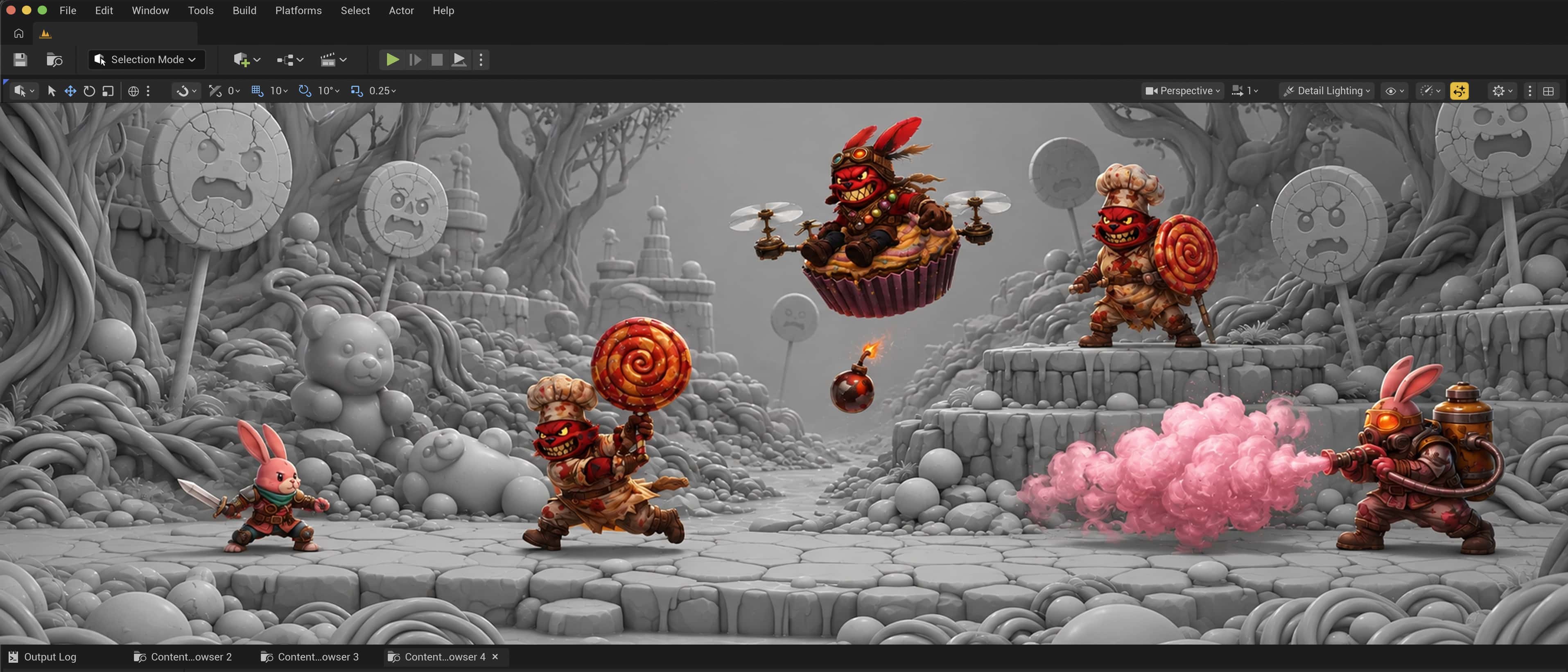 Unreal editor: a fight in a candy world, enemies wielding a lollipop and a pink flamethrower, a lit bomb in the centre.