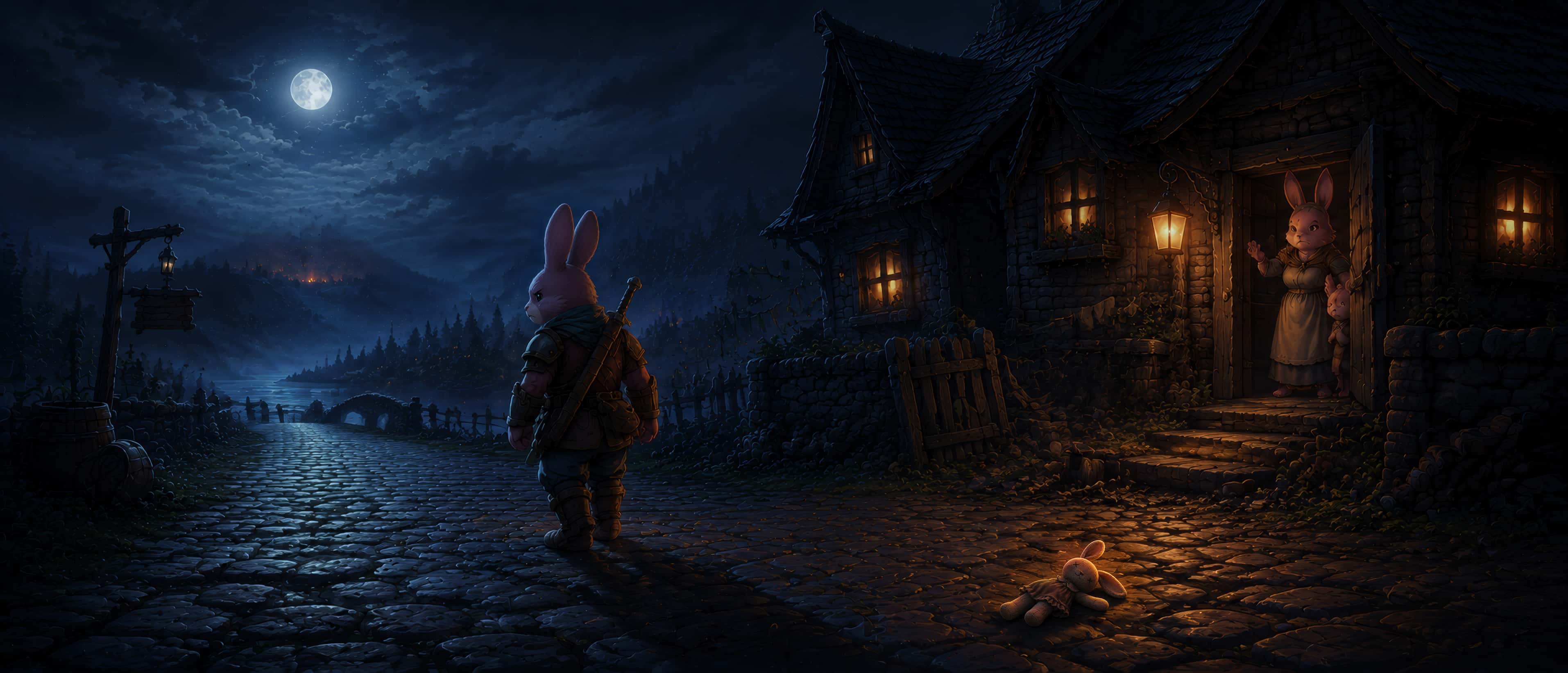 Un lapin adulte en armure de cuir s'éloigne d'une maison éclairée sur des pavés luisants sous la pleine lune. La poupée de chiffon de sa fille est restée par terre derrière lui.