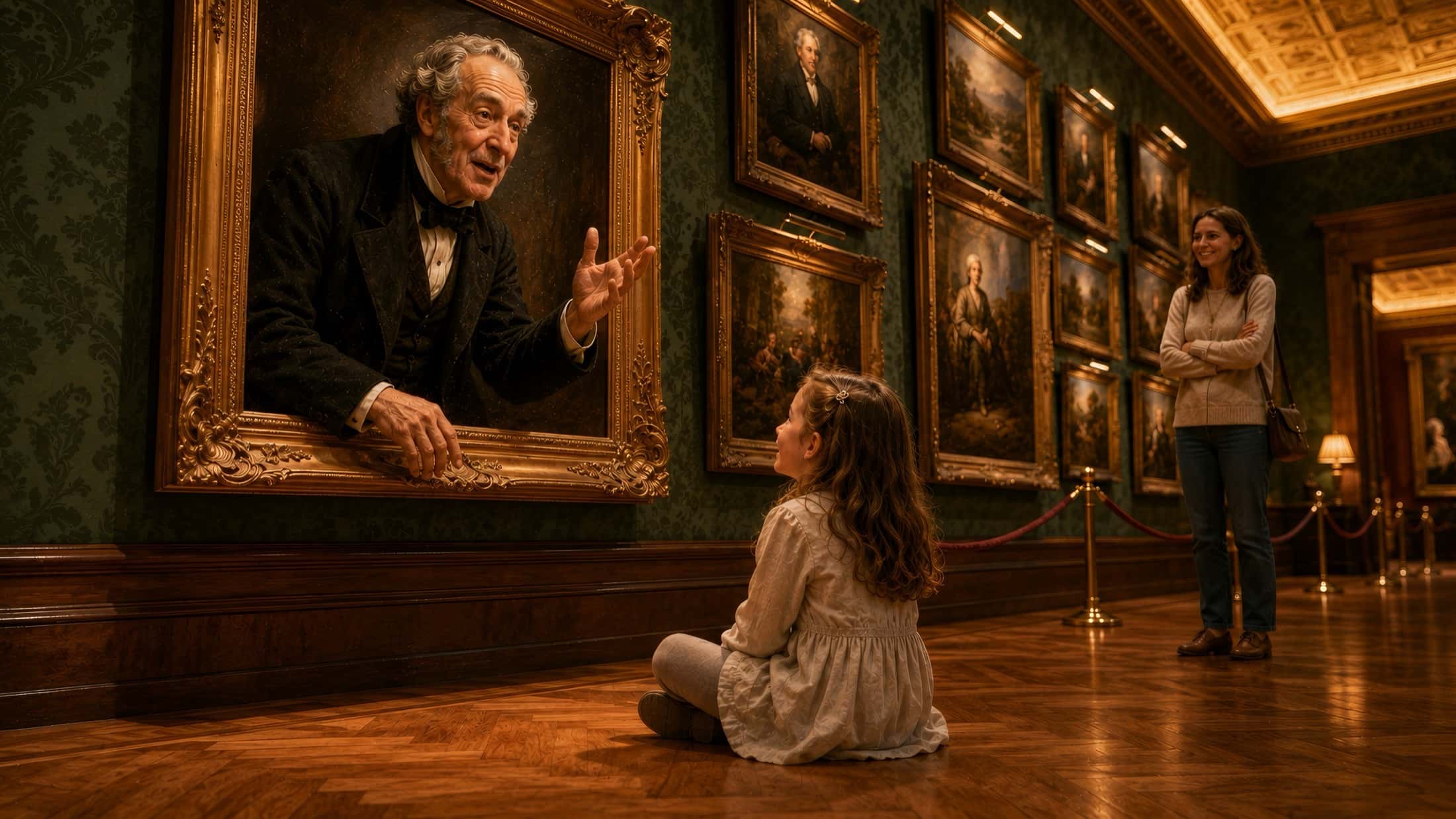 A child lays a stroke of blue paint onto a canvas, while a painted craftsman comments on the gesture.
