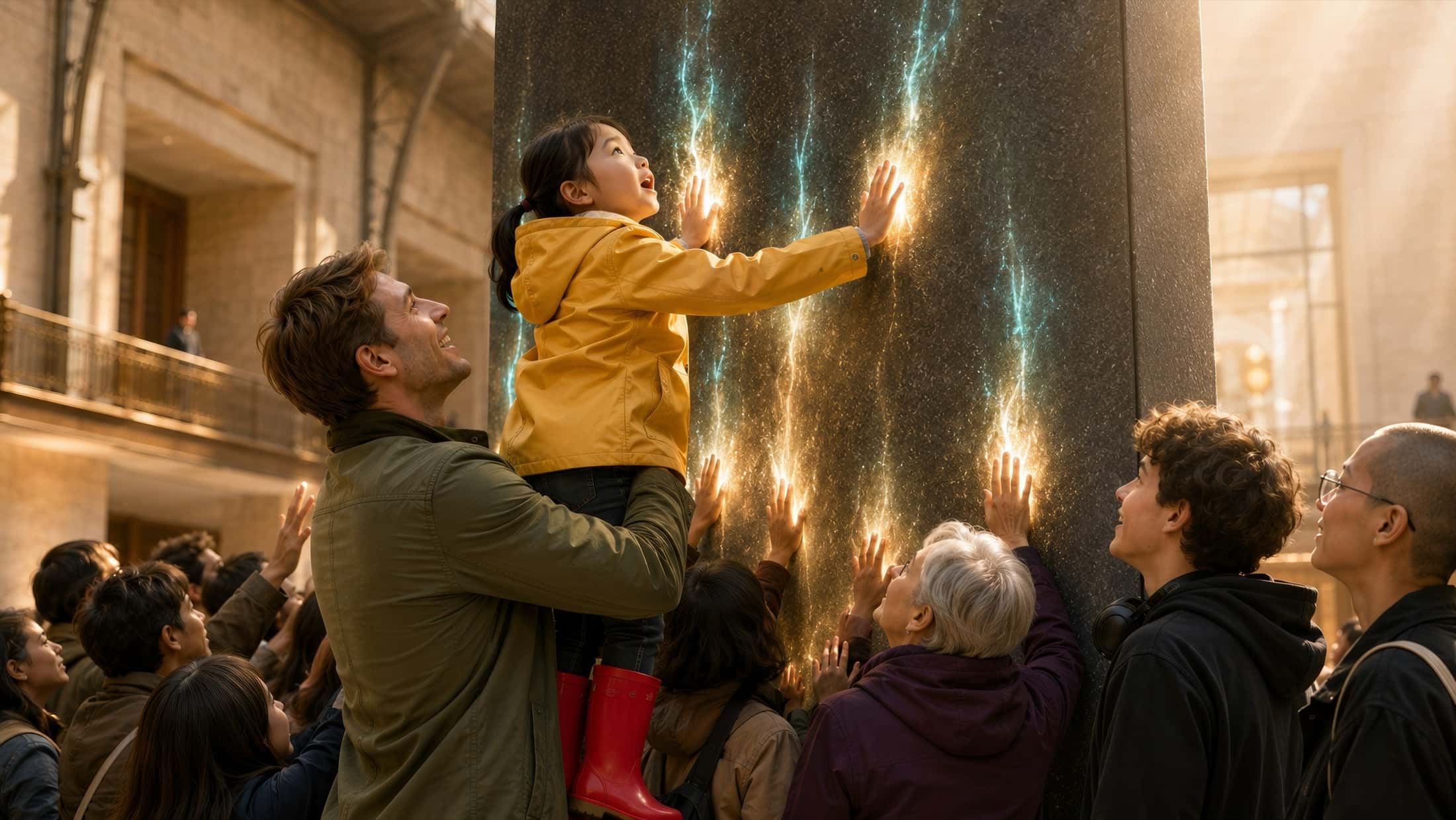 Une enfant portée sur les épaules pose ses mains sur la pierre lumineuse, la foule presse ses paumes autour d'elle.