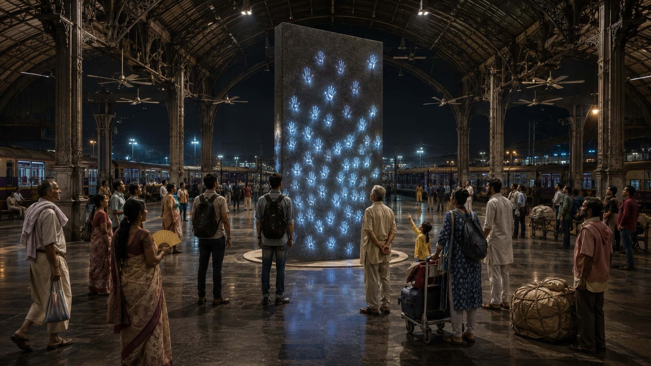 The twin slab in a night-time station on the other side of the world: nobody touches it, yet it's covered in blue prints.