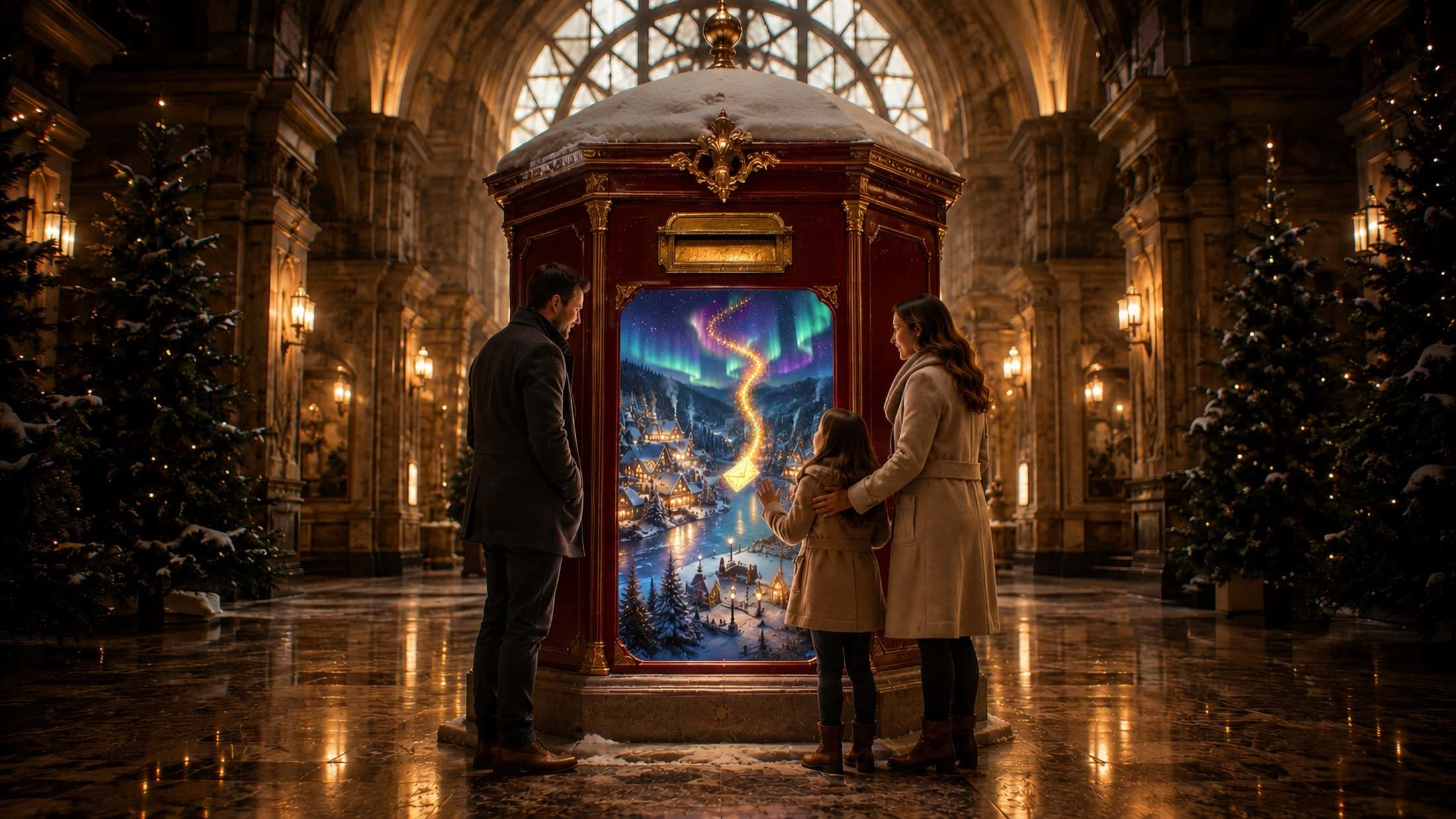In a lit shopping arcade, a family of three stands before the tall red postbox whose screen shows a snowbound village under an aurora.