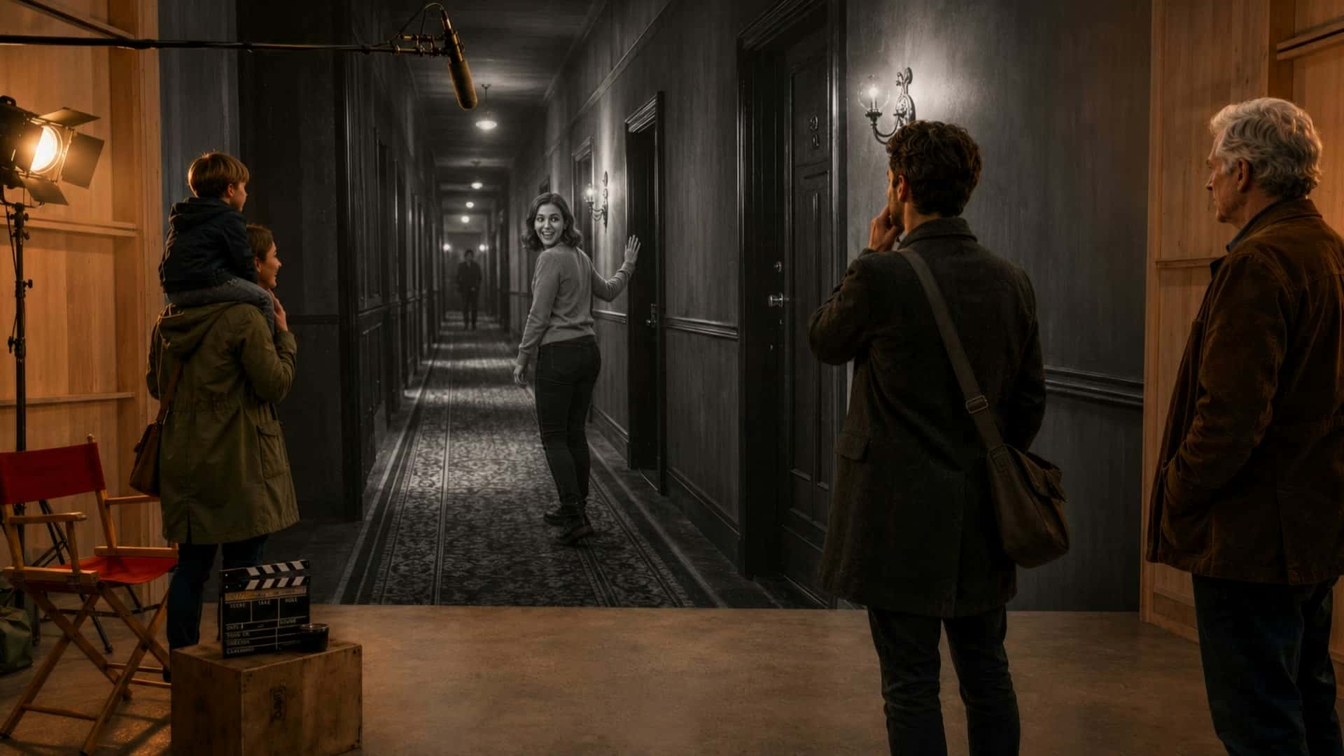 On the sound stage, visitors face a rainy black-and-white street that continues without edge or seam.