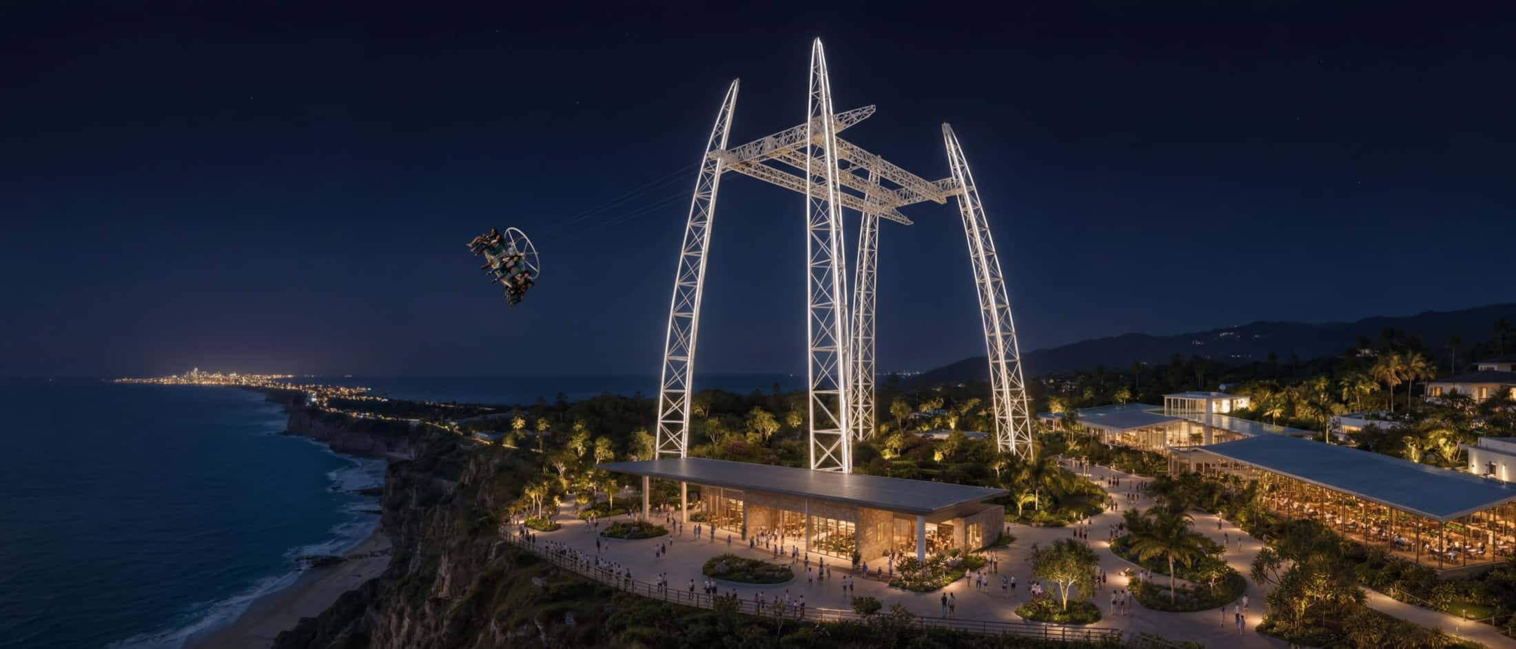 Le même site de falaise océane, de nuit, structures illuminées.