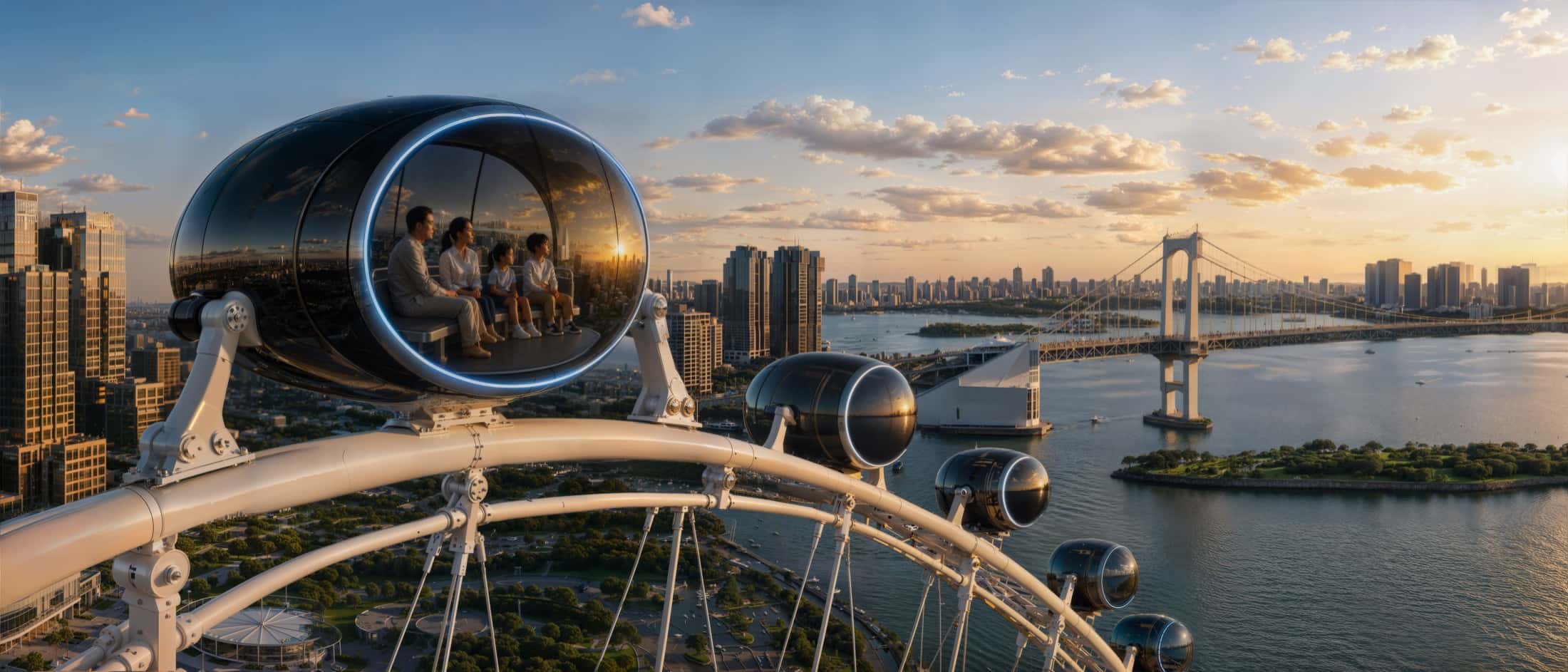 Une famille dans une capsule de grande roue contemple une baie urbaine au coucher du soleil, un pont suspendu au loin.