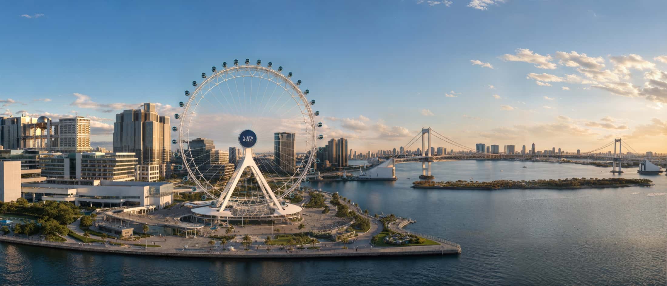 Plan large d'une grande roue intégrée dans une baie urbaine, en plein jour.