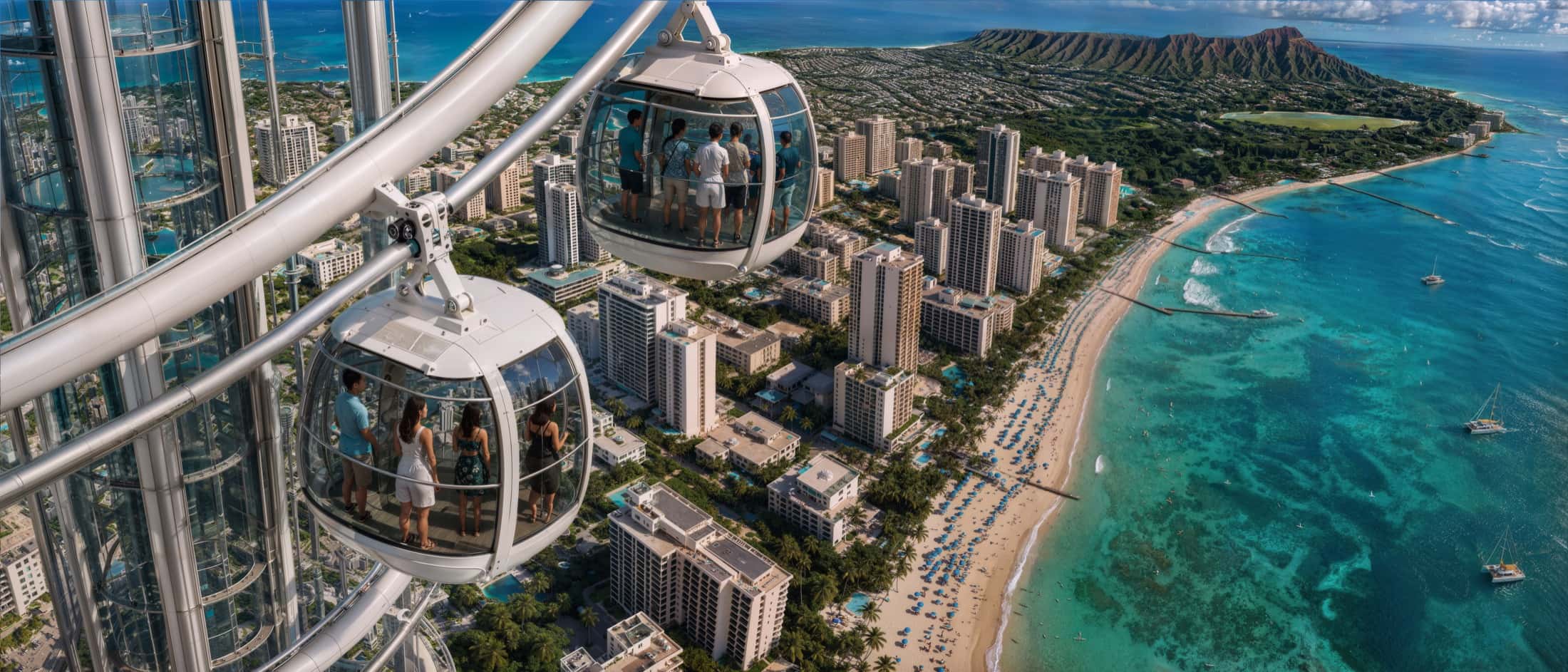 Deux capsules vitrées montent en spirale le long d'une tour, au-dessus d'une plage de destination et de ses hôtels.