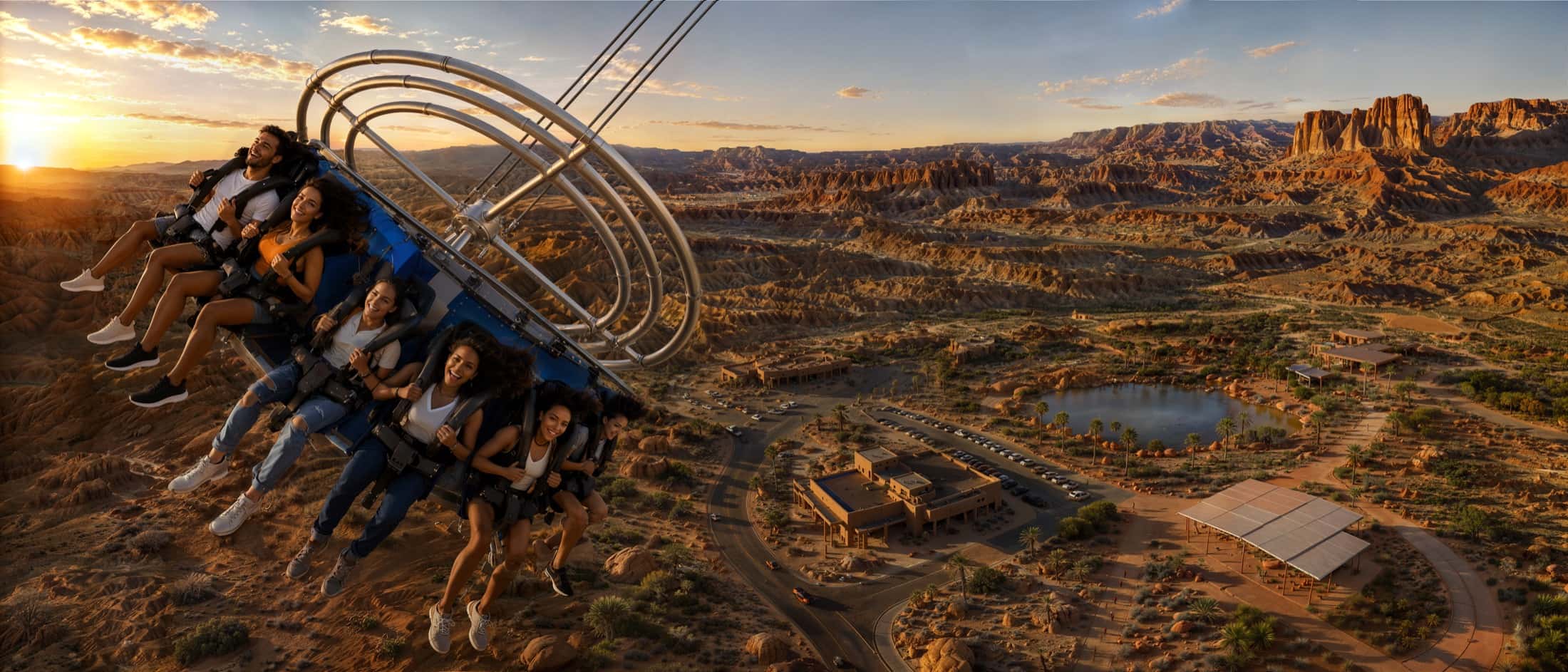 Une nacelle de balançoire géante s'élance au-dessus d'un canyon désertique baigné par le soleil couchant.