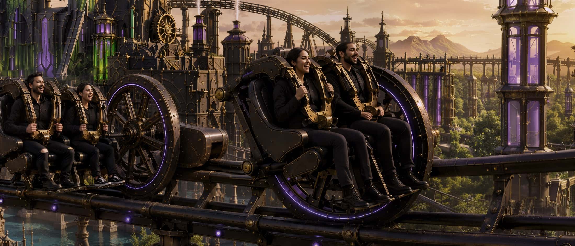Des passagers rient dans un véhicule de coaster richement thématisé, un monde steampunk autour d'eux.