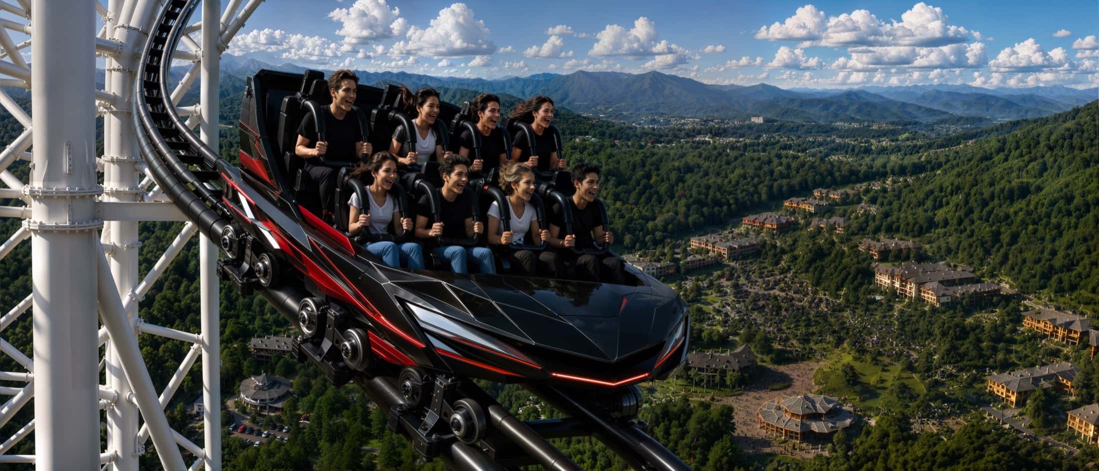 Des passagers bras levés dans un train de coaster, la vallée en contrebas.