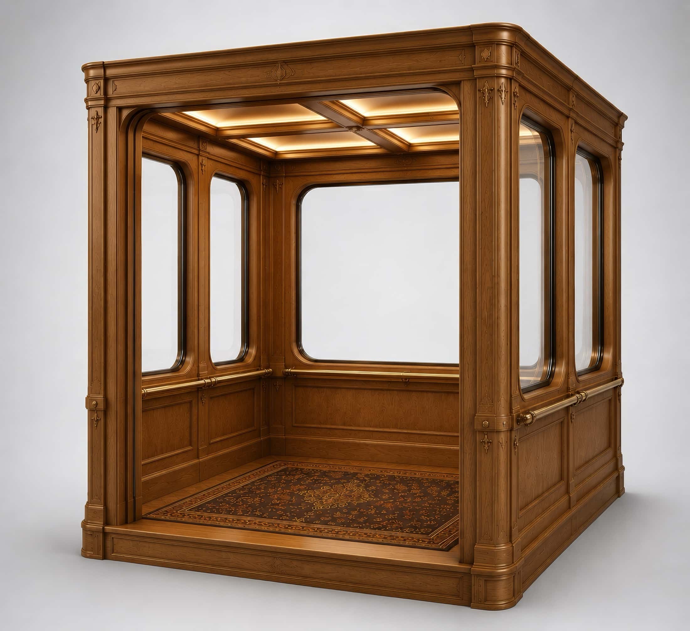 The Immersive Elevator seen from outside, doors open onto the lit cabin.
