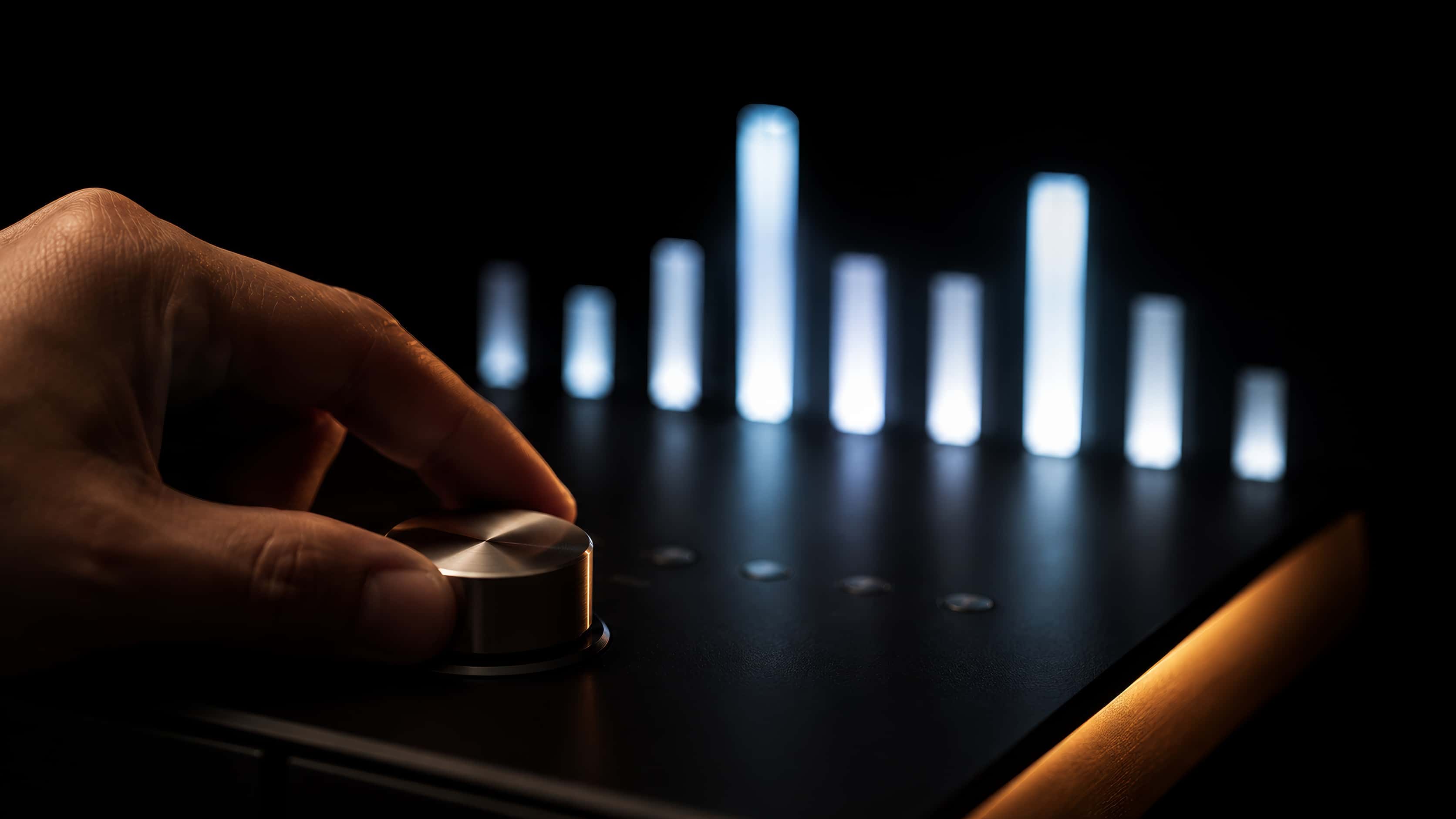 A hand on a large brushed-aluminum rotary knob; behind it, out of focus, eight columns of white light at different heights.