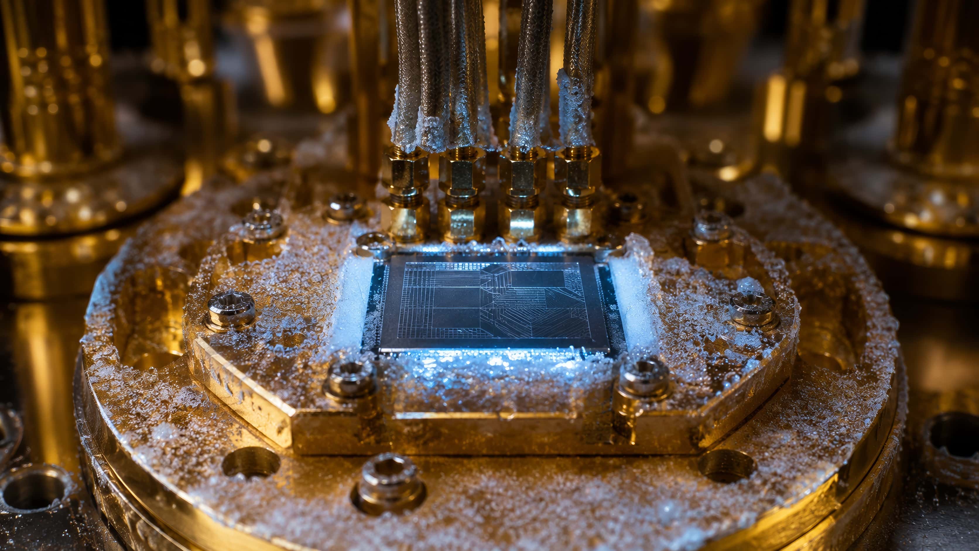 The coldest point of a quantum computer: a small dark chip in a gold-plated copper mount, fine frost on the metal, an ice-blue glow.