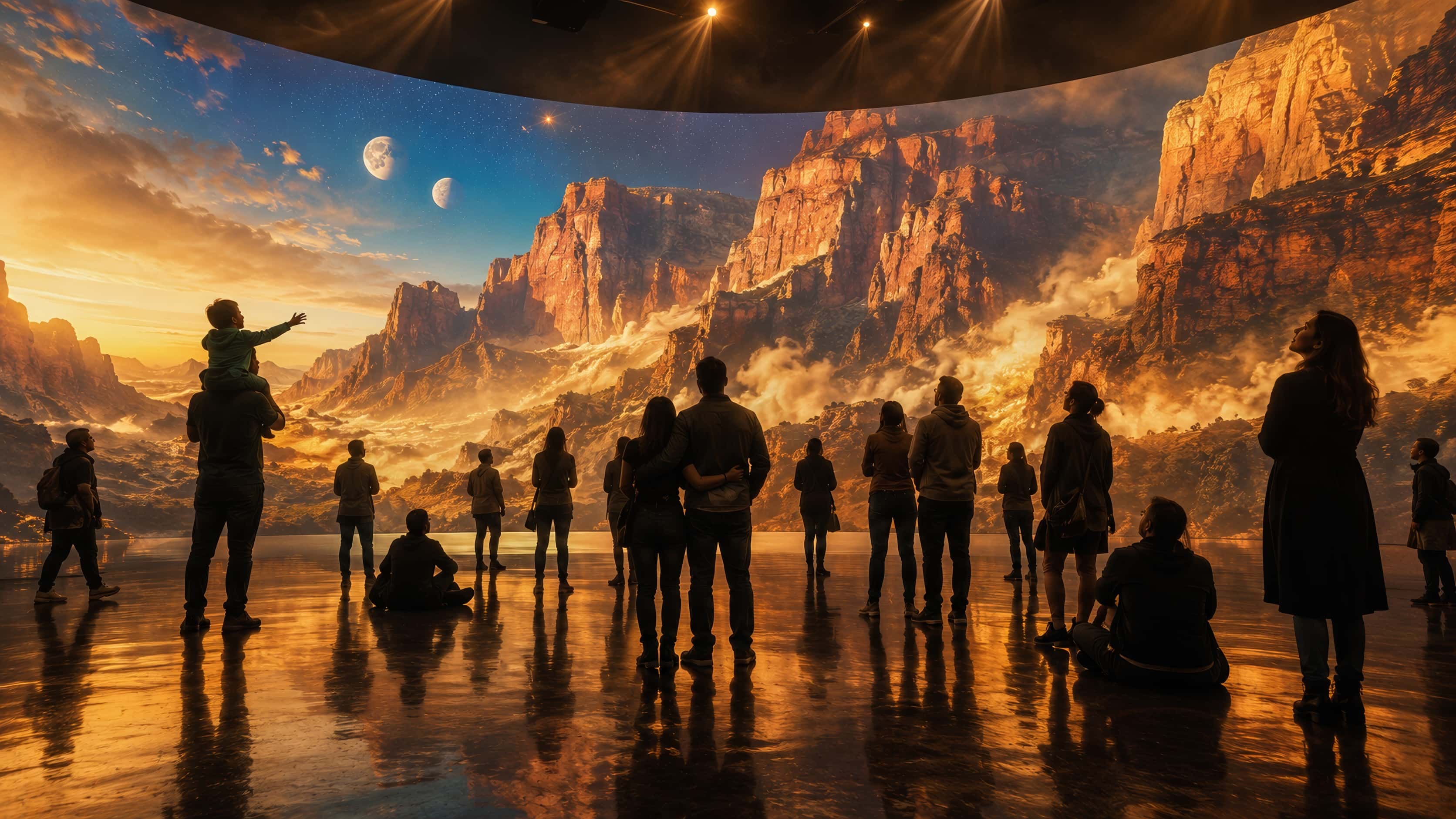 Dans une salle immersive, un public de dos face à un canyon d'un autre monde projeté sur un mur courbe, deux lunes au ciel.