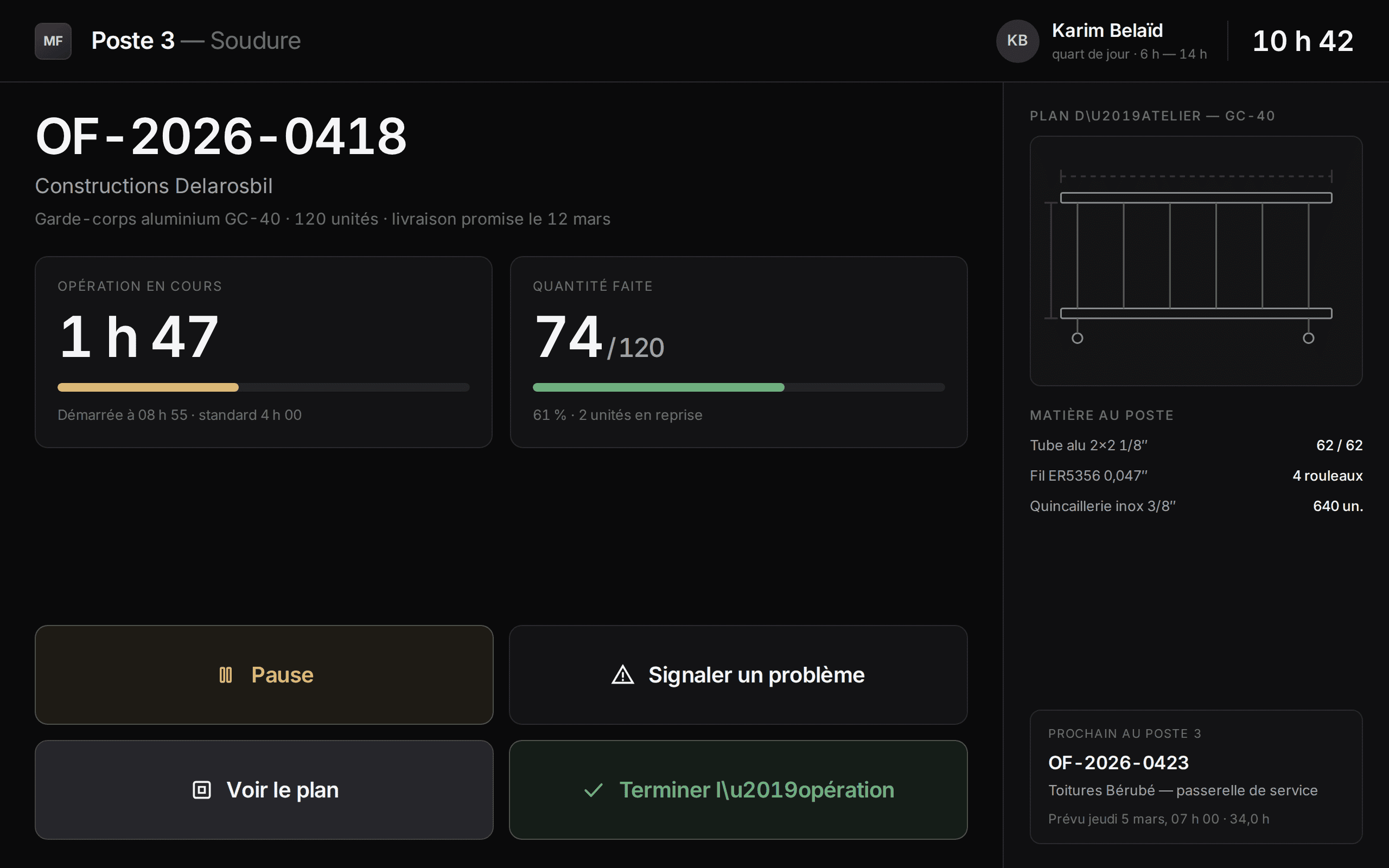 Terminal tactile d'atelier plein écran : ordre en cours, temps écoulé, quantité faite et quatre grands boutons.