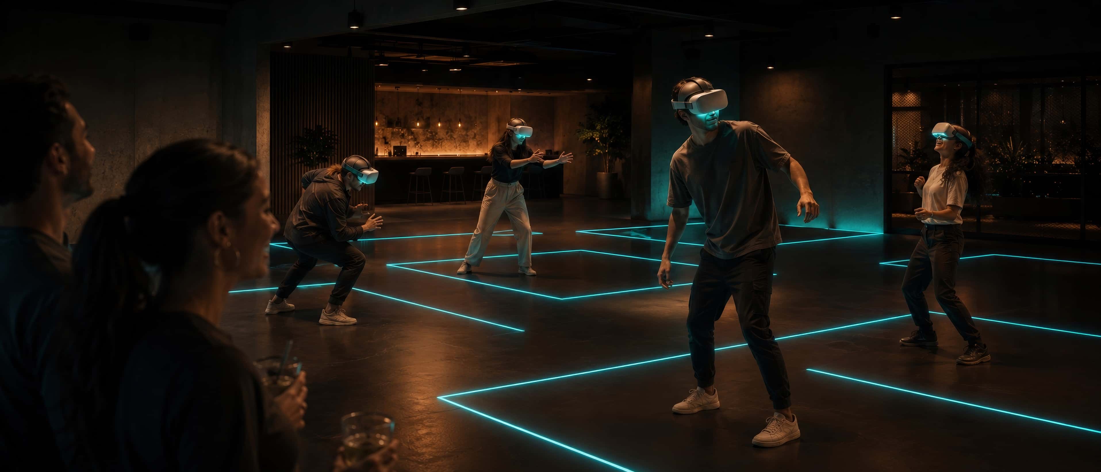 Une salle d'arcade VR moderne au design soigné : quatre joueurs casqués dans des zones délimitées par des lignes lumineuses au sol, spectateurs souriants en retrait.