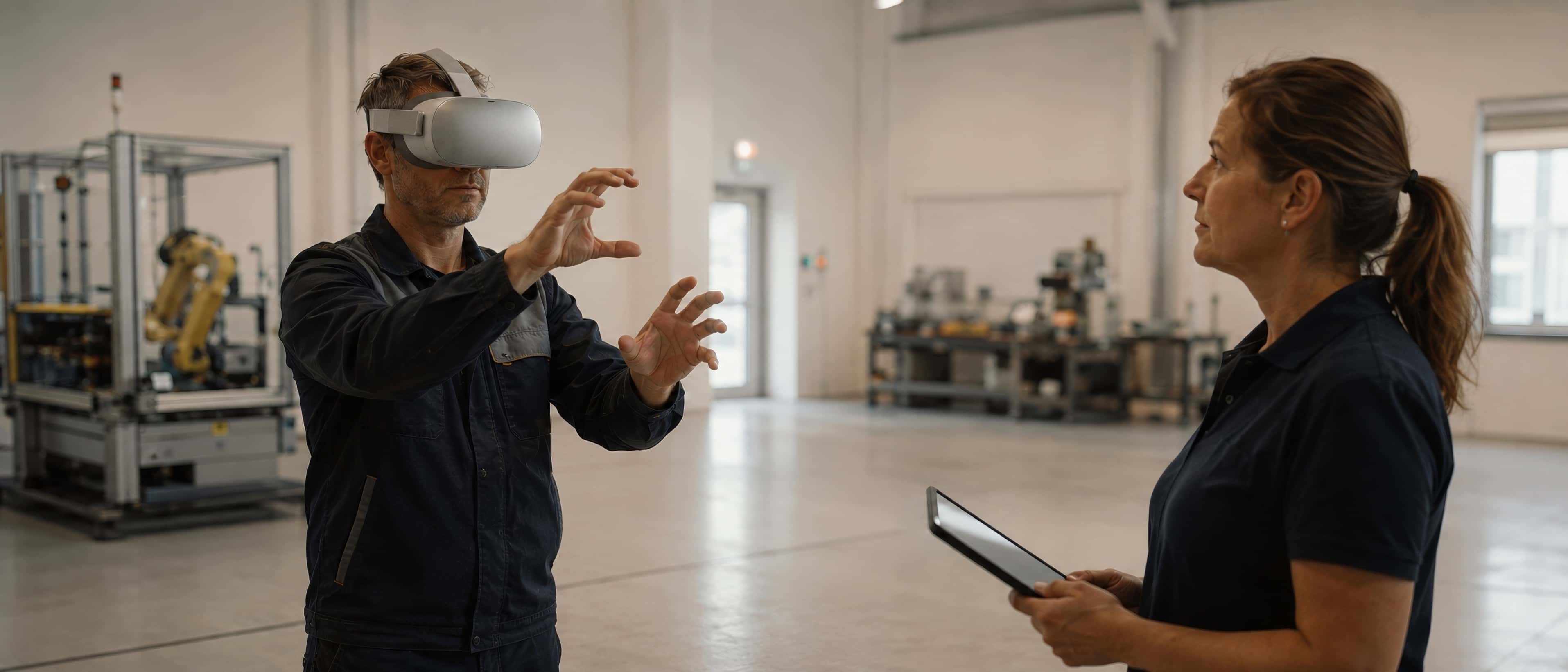 Une salle de formation industrielle épurée : un employé casqué exécute un geste précis, un formateur observe à côté, tablette en main vue de biais.
