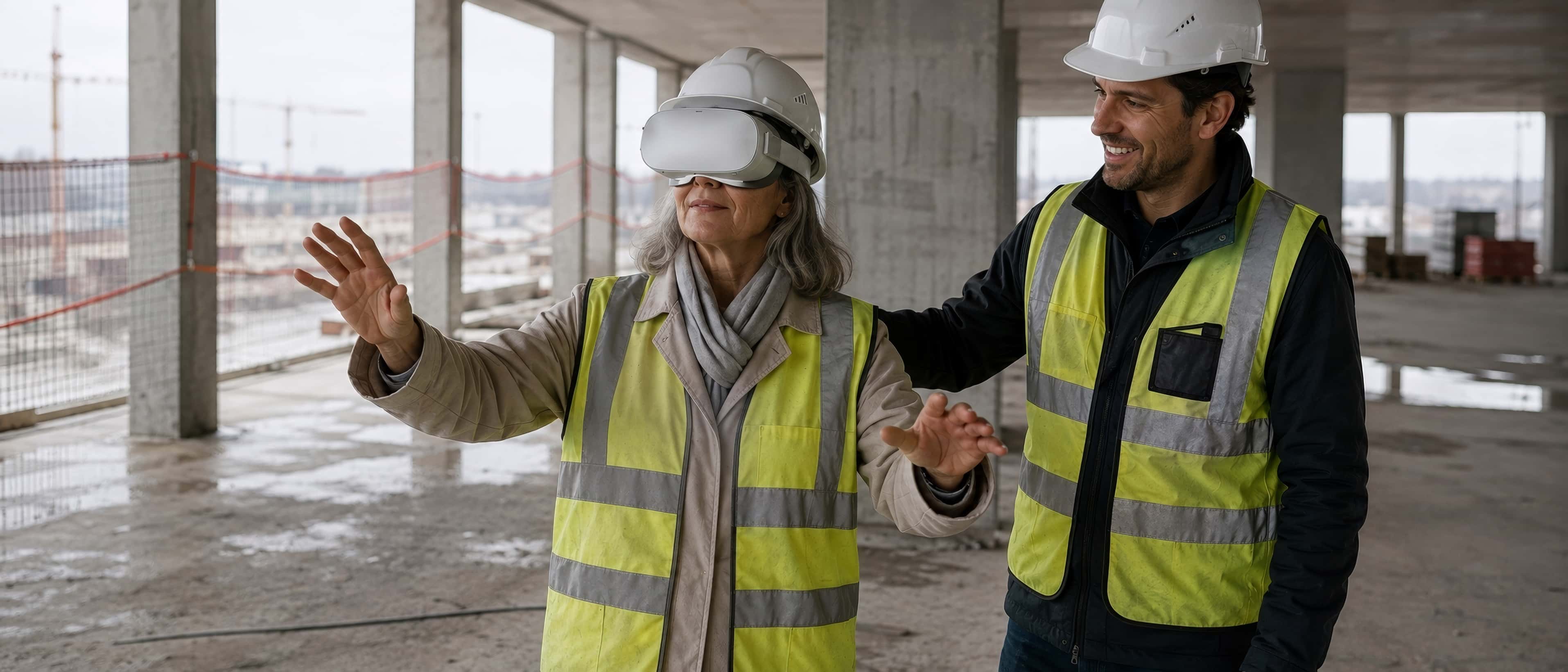 Sur un chantier réel en début de travaux, une cliente casquée avance prudemment, guidée par un professionnel ; la structure nue les entoure.