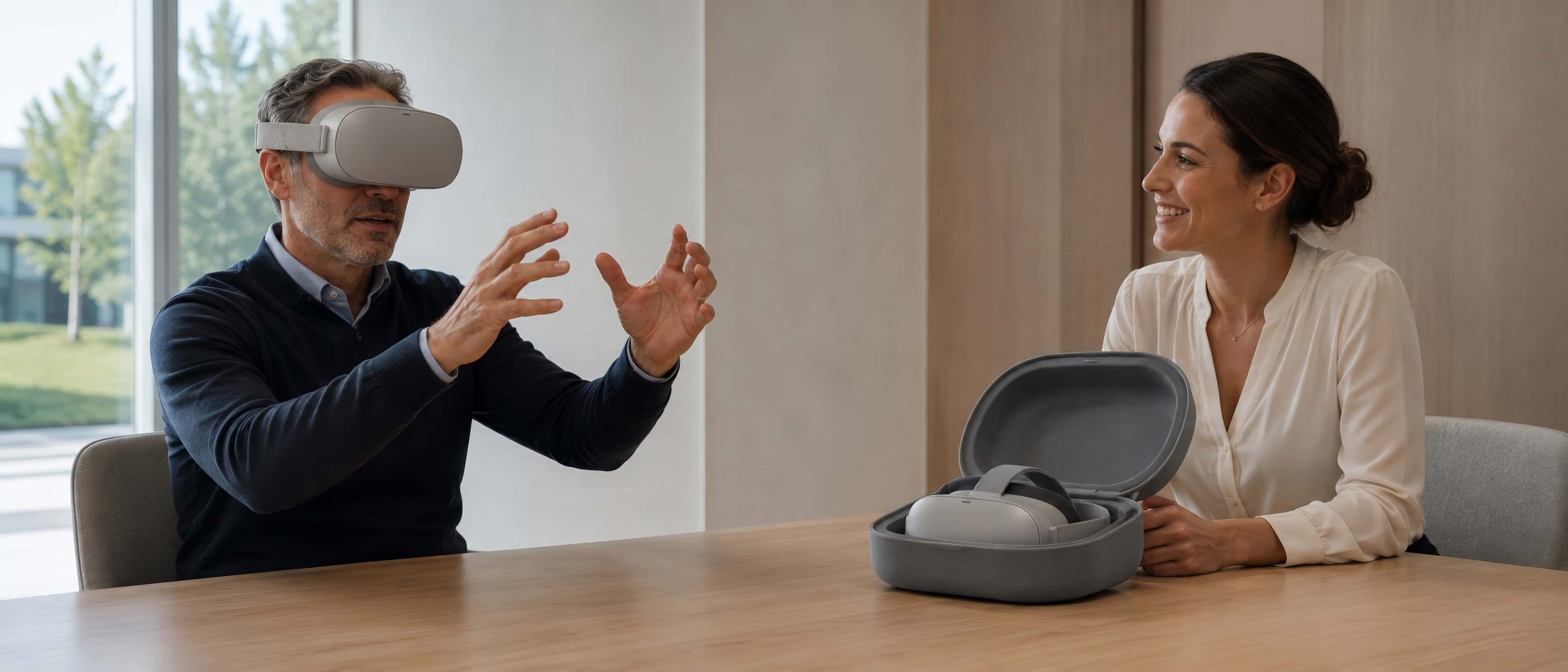 Dans une salle de réunion lumineuse, un client casqué tend les mains comme pour saisir un objet invisible ; une représentante sourit à côté d'une mallette ouverte.