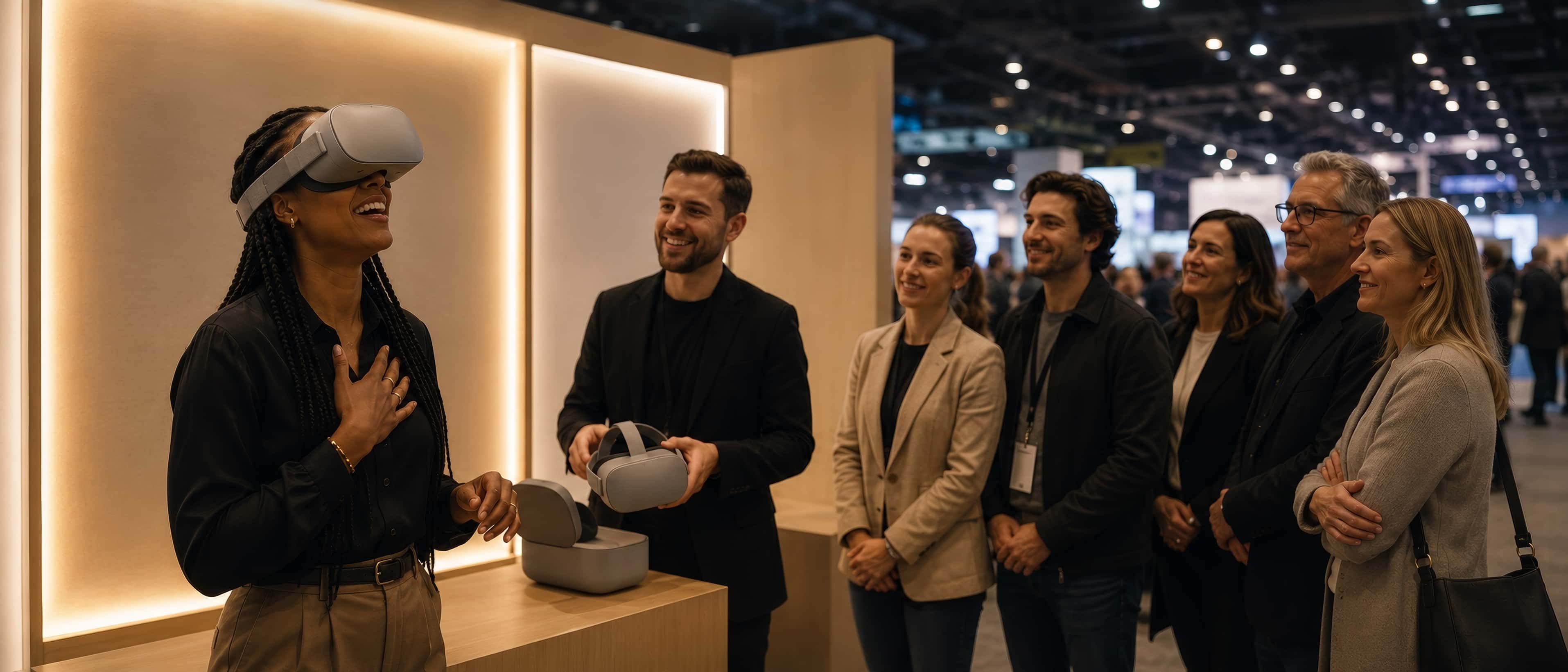 Un kiosque de salon professionnel au design lumineux : une visiteuse casquée rit, main sur la poitrine, pendant qu'une file de visiteurs curieux attend son tour.