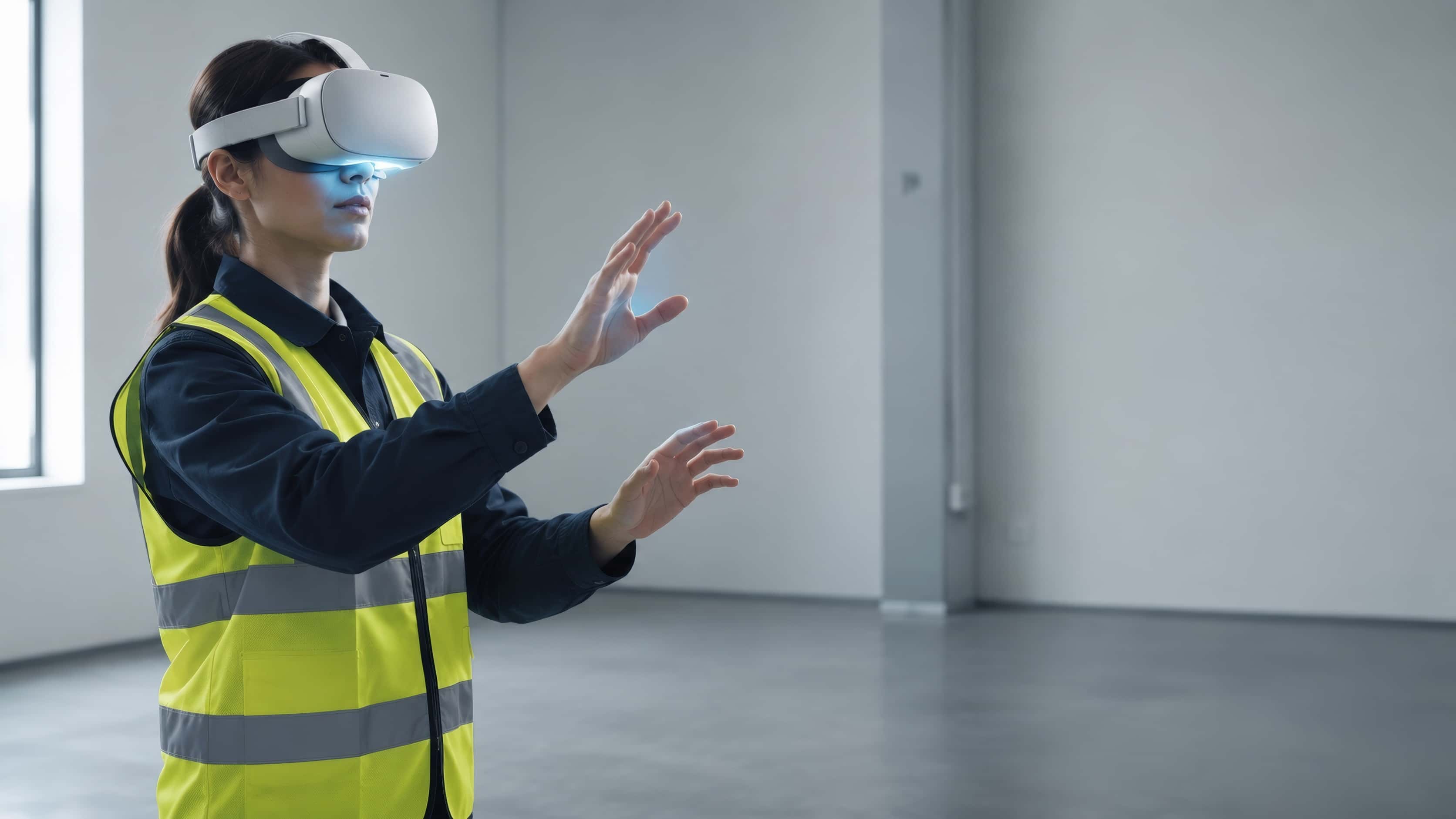 Une travailleuse en dossard de sécurité, casque VR sur la tête, exécute un geste technique précis dans une salle de formation épurée.