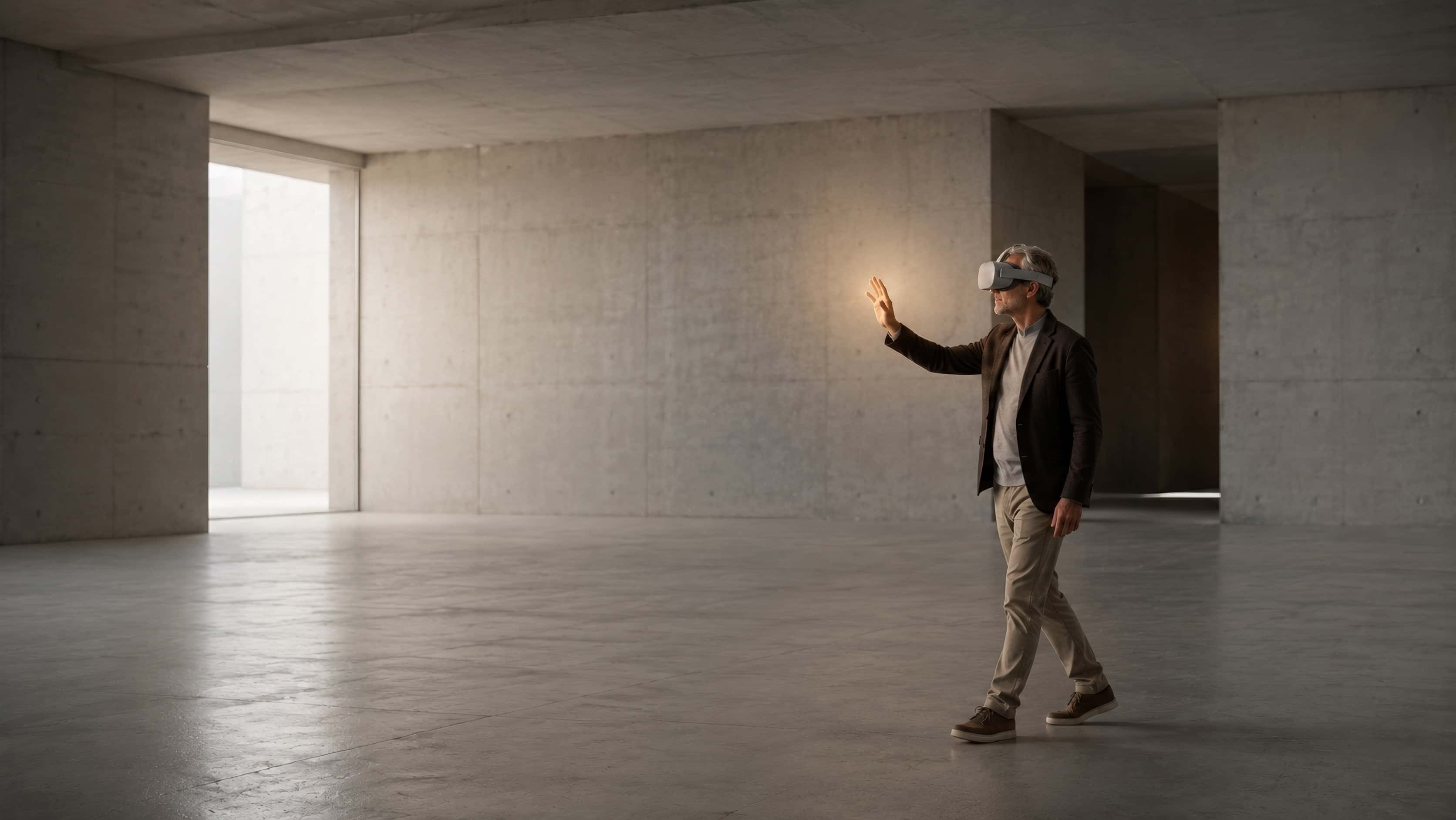 Un architecte casqué avance lentement dans une grande pièce vide, une main levée comme pour toucher un mur qui n'existe pas encore.
