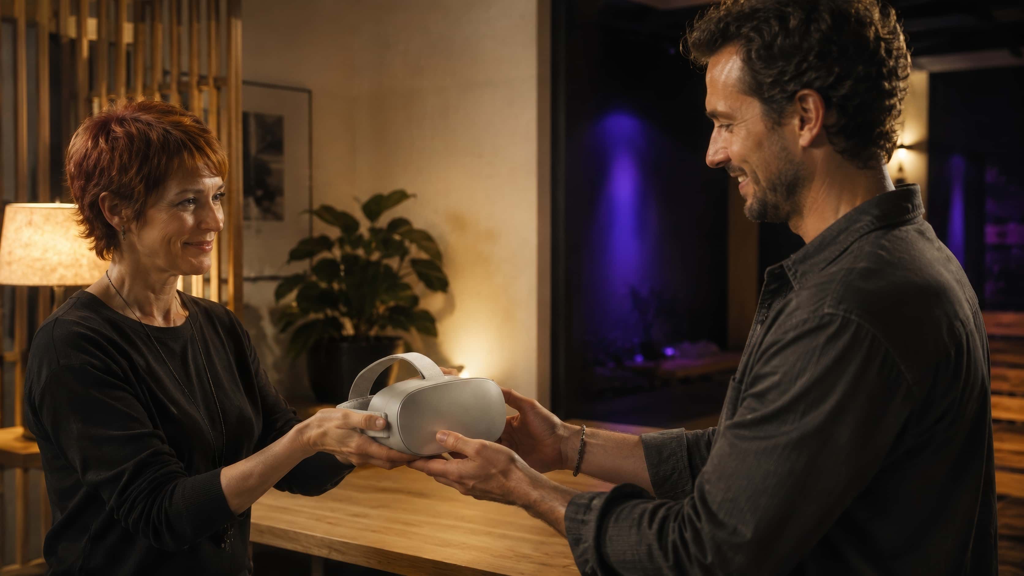 Dans un studio chaleureux, une personne tend un casque de réalité virtuelle à une autre, qui sourit en le prenant.