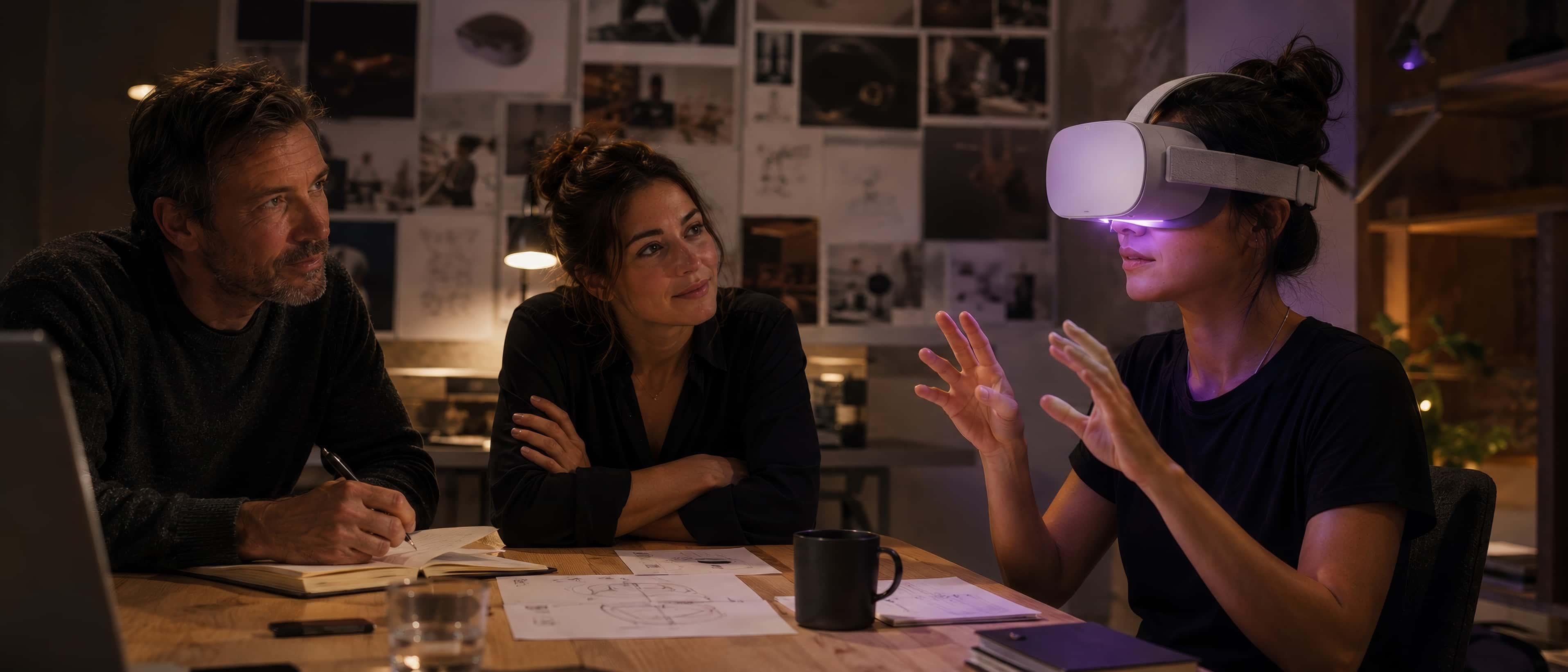 Séance de travail en studio : deux créateurs observent une collègue casquée qui teste un prototype, carnets ouverts, mur de références en arrière-plan.