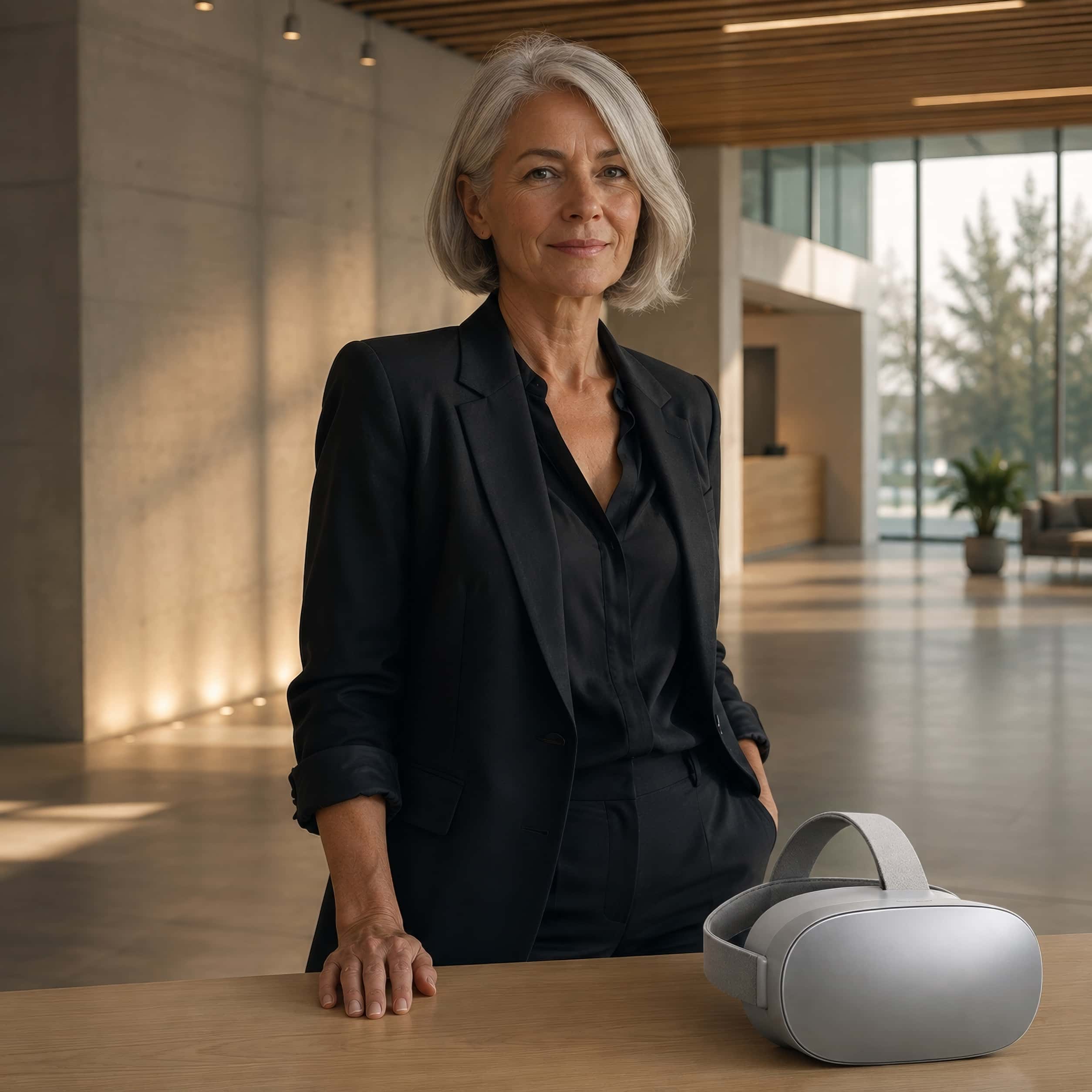 Une dirigeante debout dans son hall d'entreprise moderne, souriante, un casque de réalité virtuelle posé sur la table devant elle.